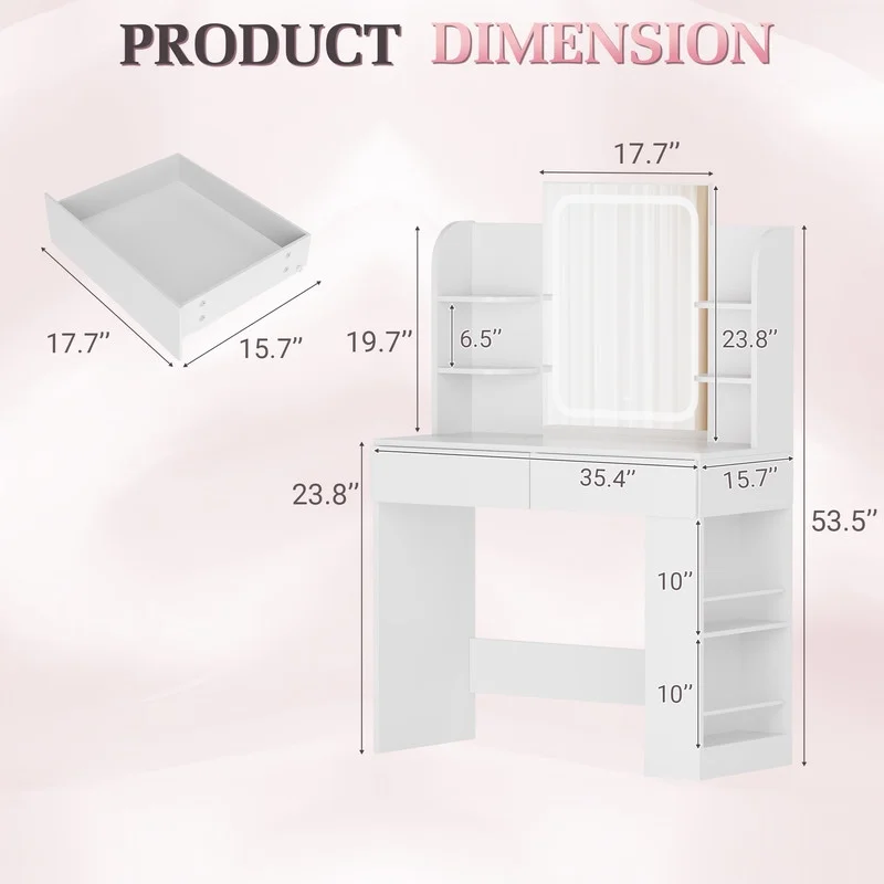 Furmax Makeup Vanity Desk with LED Lighted Mirror Vanity Table with Drawers, Shelves & Side Storage for Bedroom, White