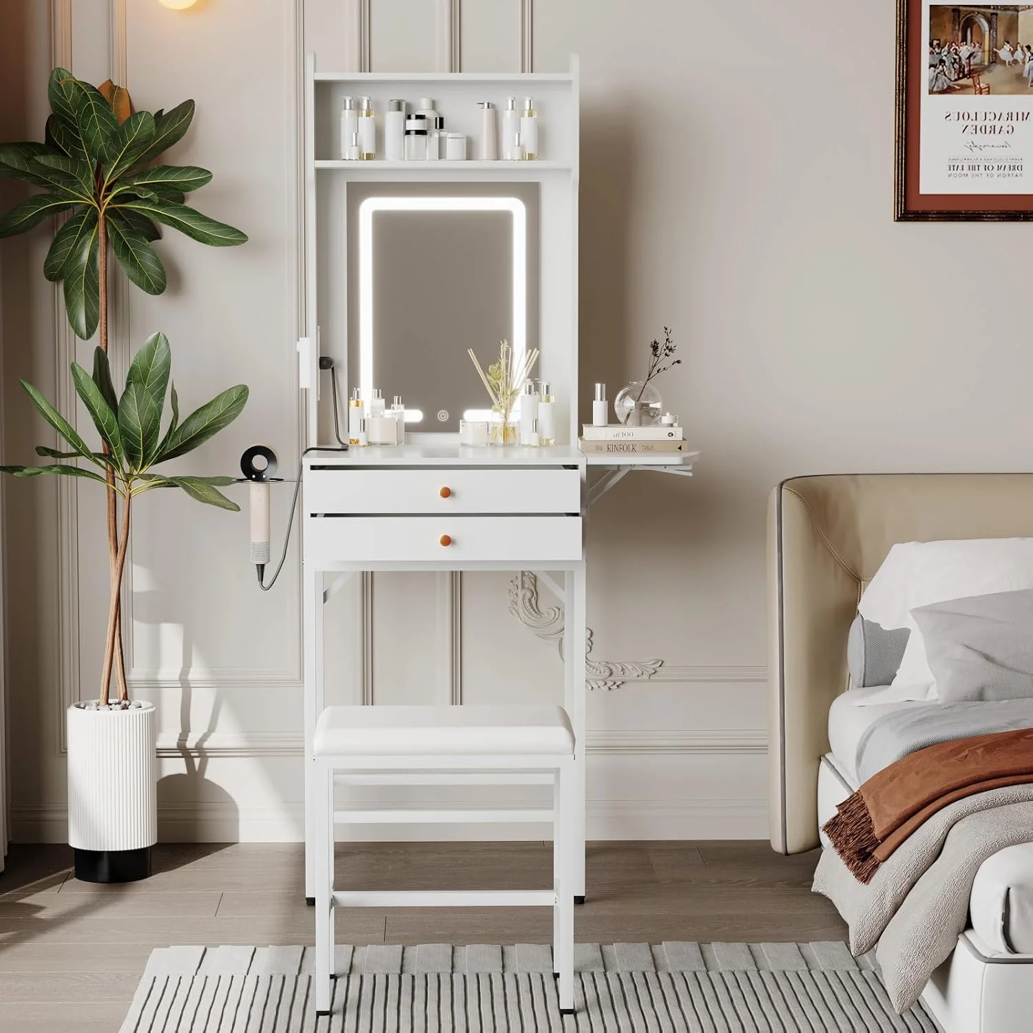 Small Makeup Vanity Desk with Mirror and Lights,Vanity Table Set with Storage Drawer,Hair Dryer Holder,Fold-Up Panel,Stool and Shelves,Compact Makeup Dressing Table for Bedroom Apartments
