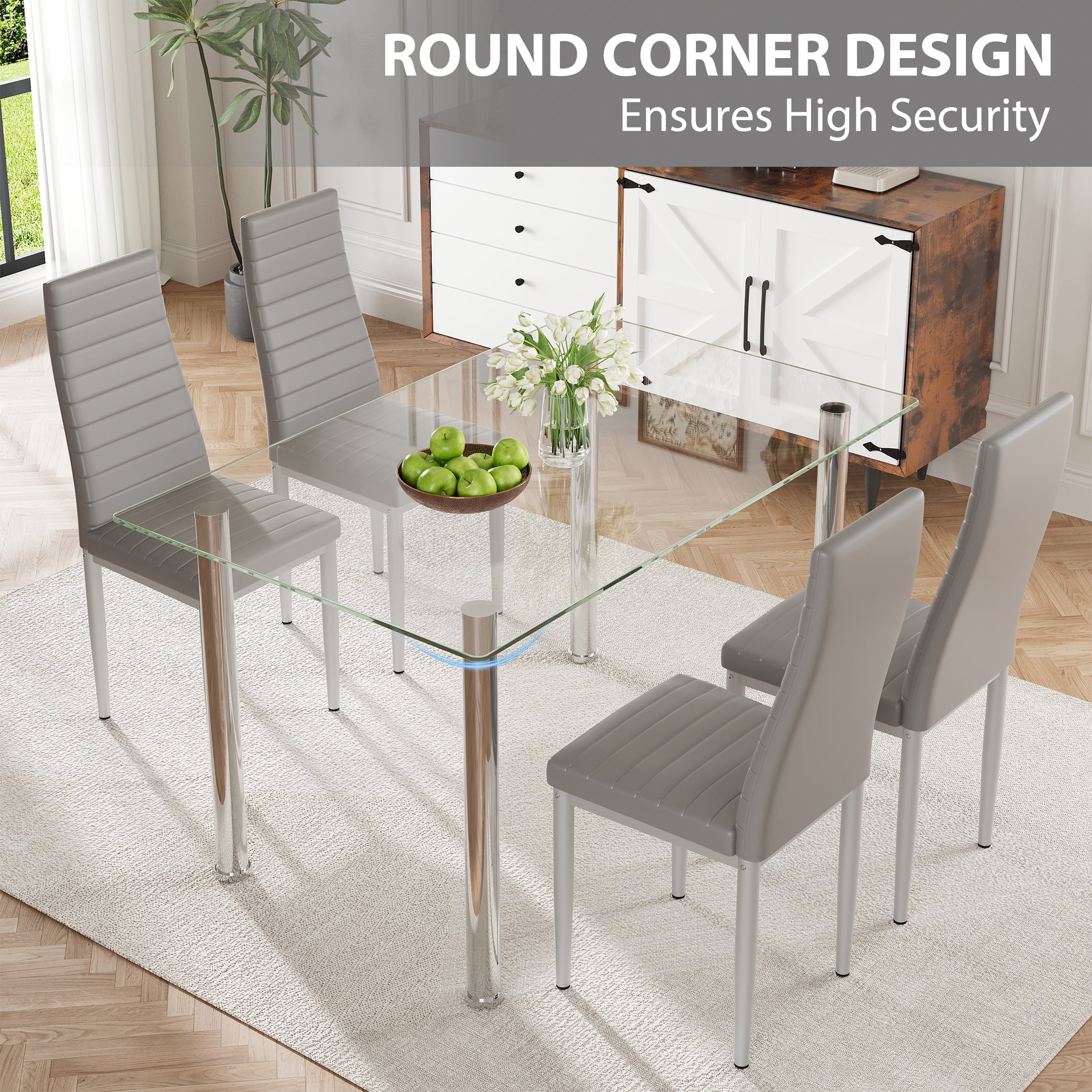 PAPROOS Dining Table Set for 4, Modern Kitchen Table Sets with Tempered Glass Dining Table and 4 PU Leather Chairs, Compact Dining Room Set for Small Space, Home Dinette Set for 4, Gray