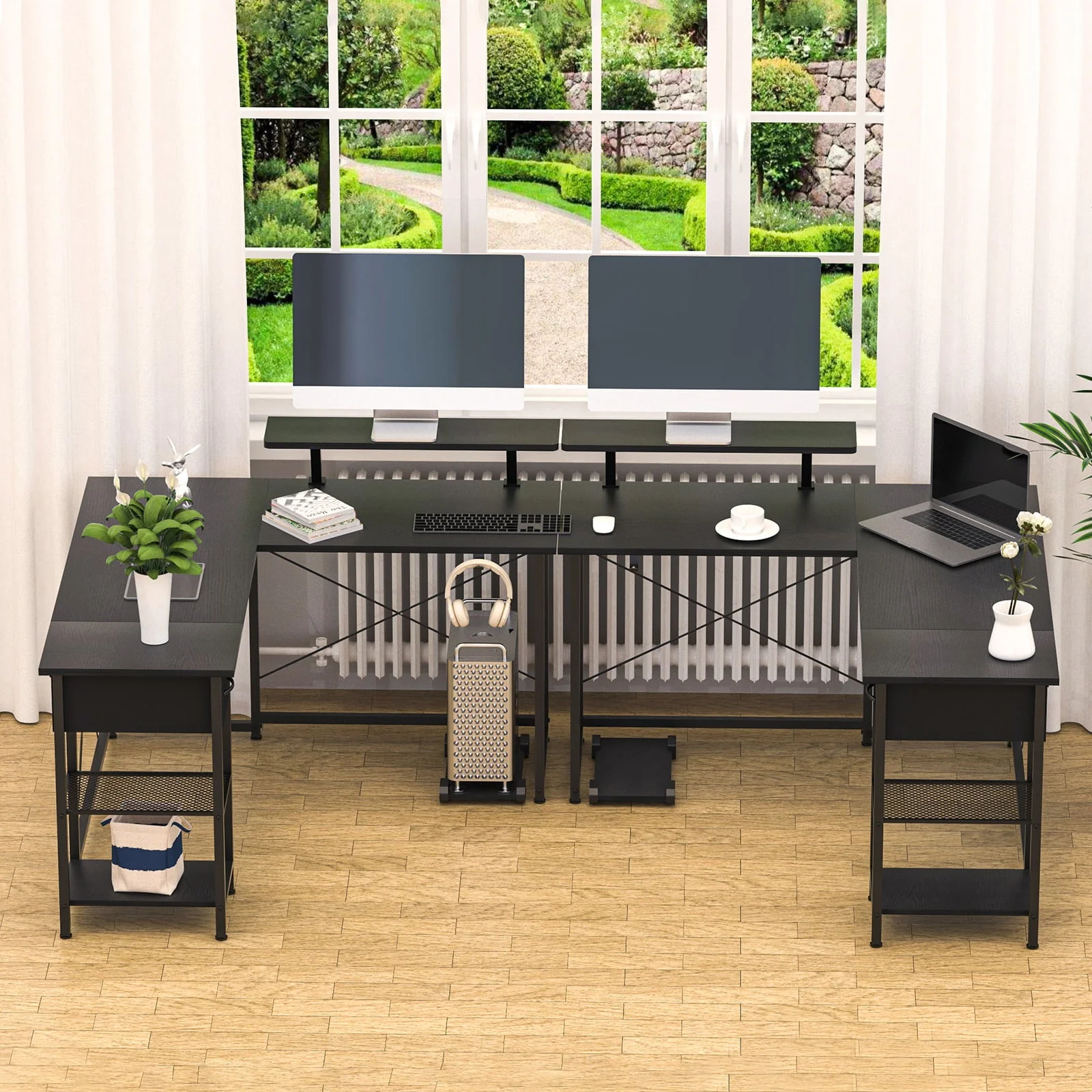 L Shaped Computer Desk with Storage Shelves, Hook and Monitor Stand, Modern Reversible Corner Gaming Table Sturdy Writing Workstation Space Saving for Home Office, Black