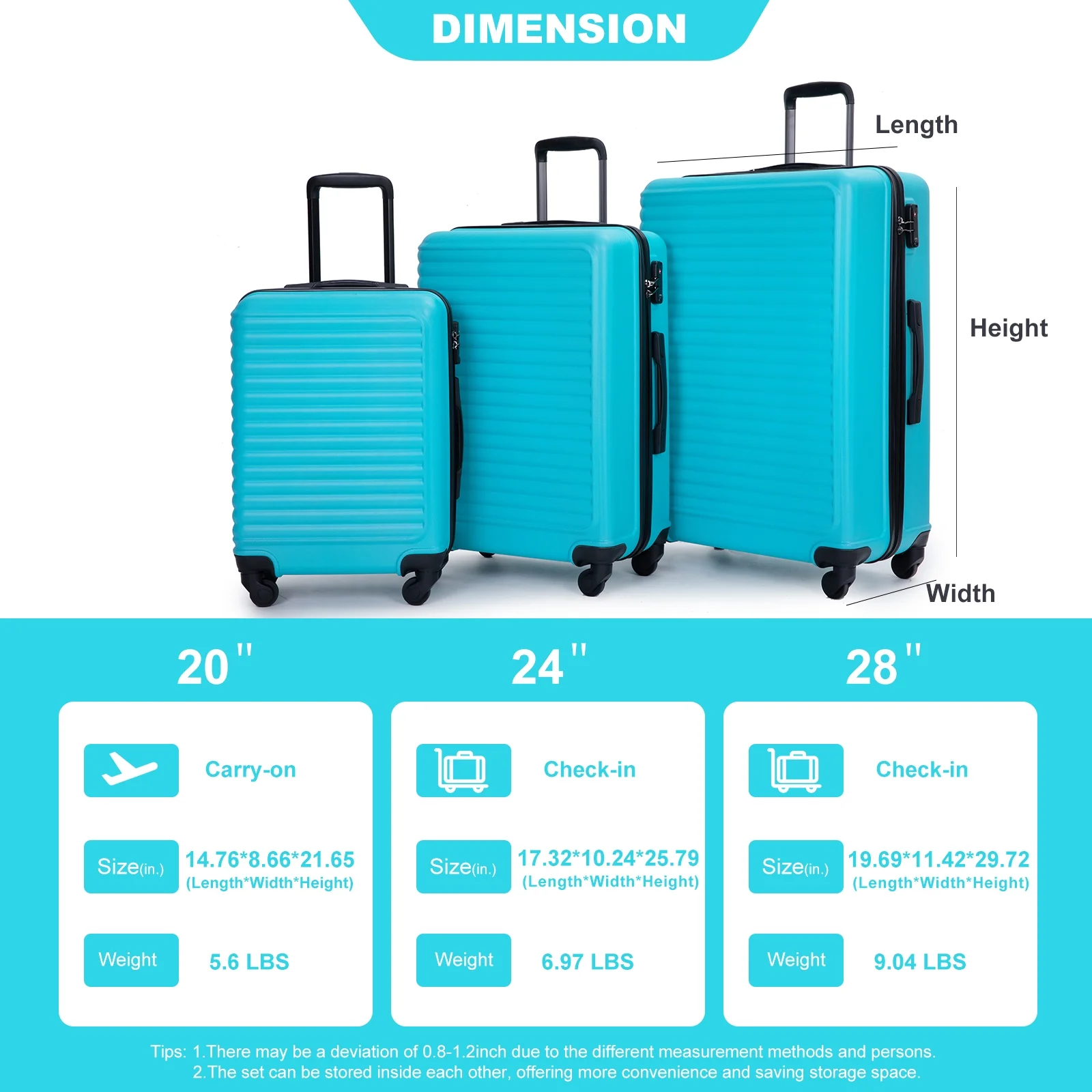 3 Pieces Luggage Sets, Expandable ABS Hardshell Clearance Luggage, Hardside Lightweight Durable Suitcase Sets with Two Hooks, Spinner Wheels and TSA Lock, 20in/24in/28in Travel Suitcase, Turquoise