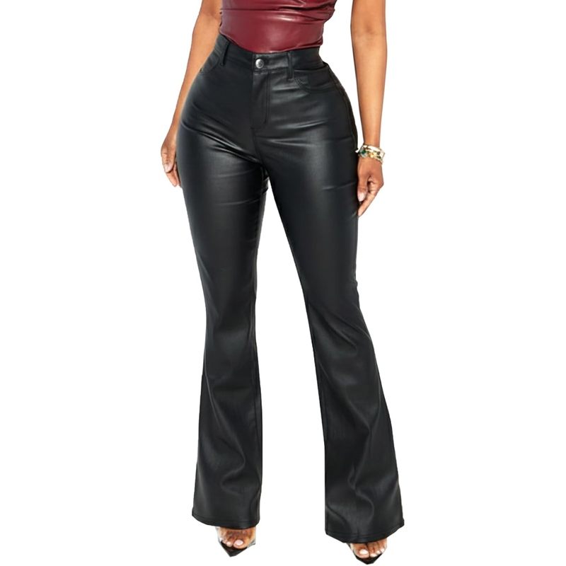 Women Faux Leather Pants PU High Waist Straight