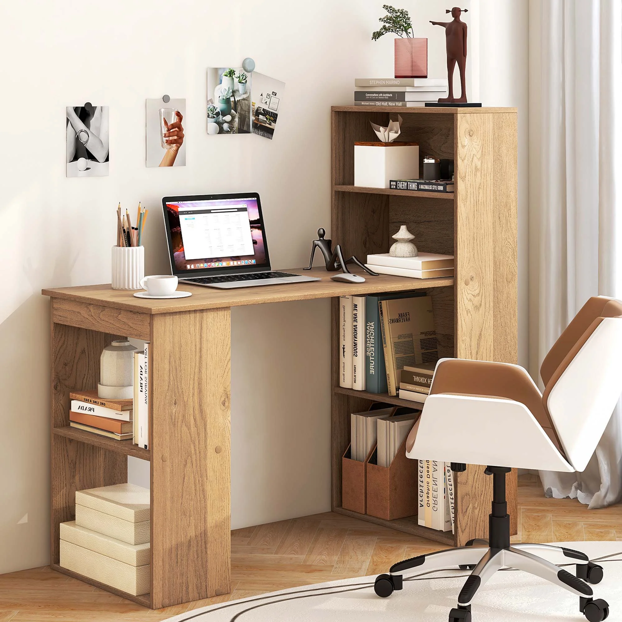 Costway Computer Desk Writing  Workstation Office 6-Tier Storage Shelves Natural