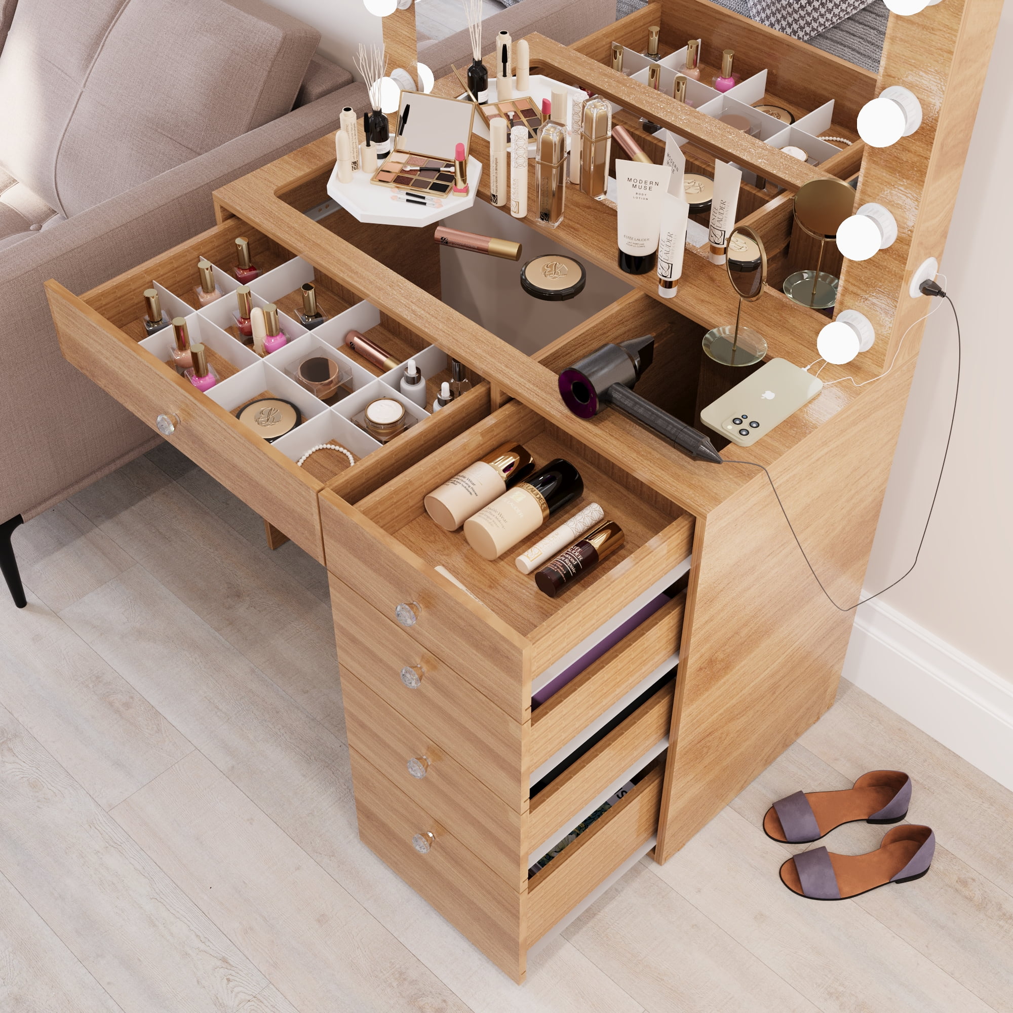 Boahaus Alana White Vanity Desk with LED Lighted Mirror, 5 Drawers, Jewelry Divider, Bluetooth Speakers, and Charging Station