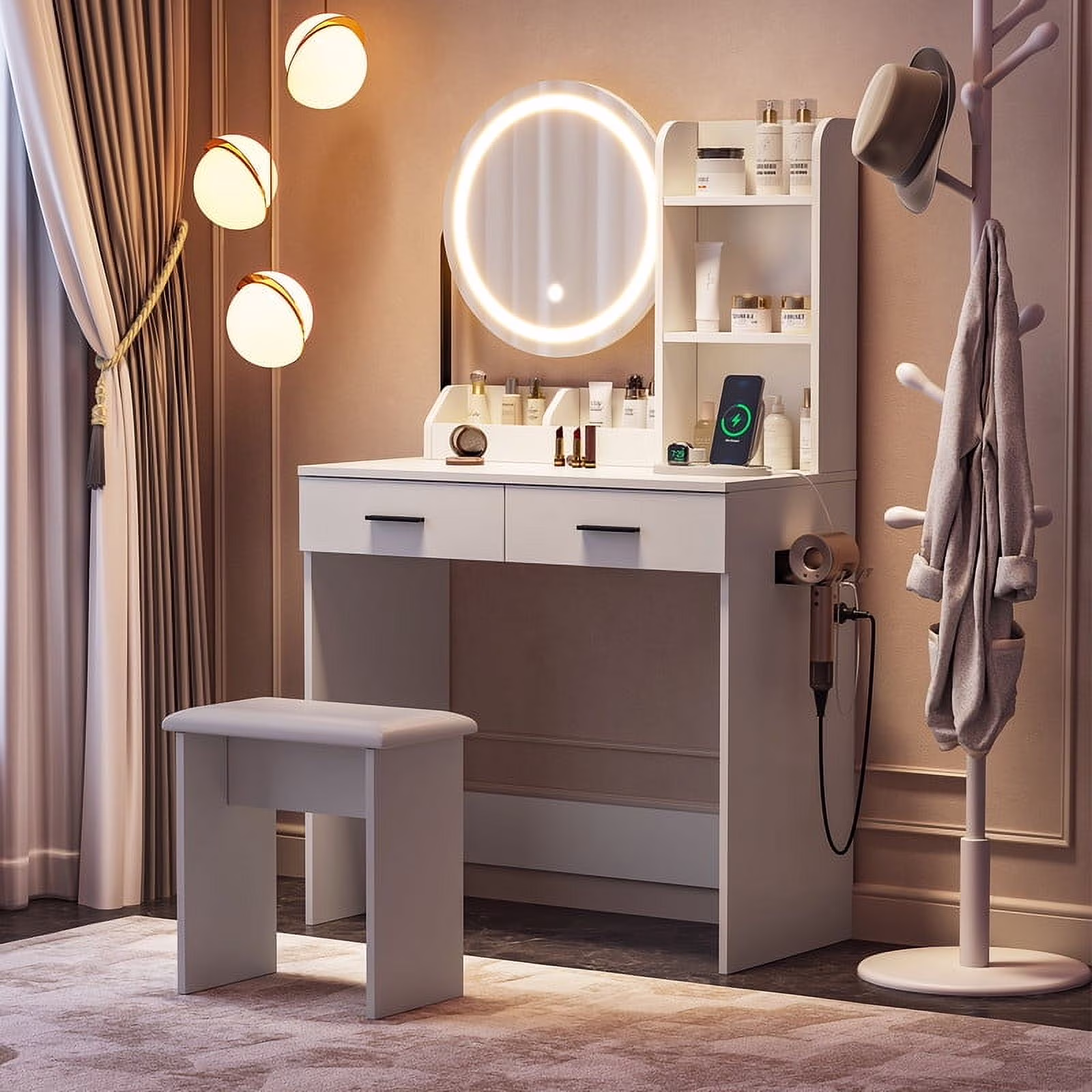 Vanity Desk with Chair, White Makeup Desk Set with Mirror & LED Lights, Vanity Table with Power Strip, 2 Drawers, 4 Shelves