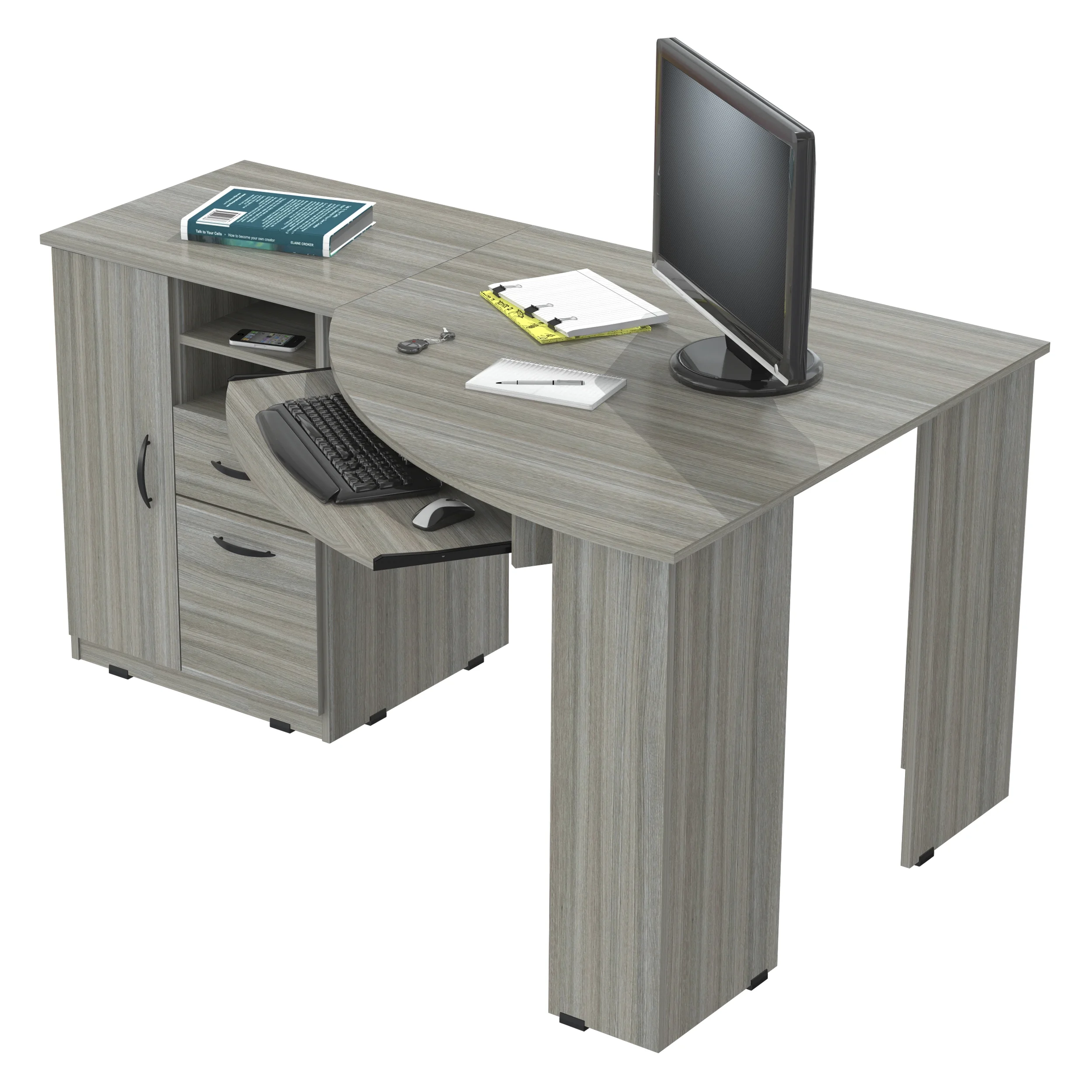 Inval Modern Corner Desk with 2 Drawers and Cabinet, Washed Oak