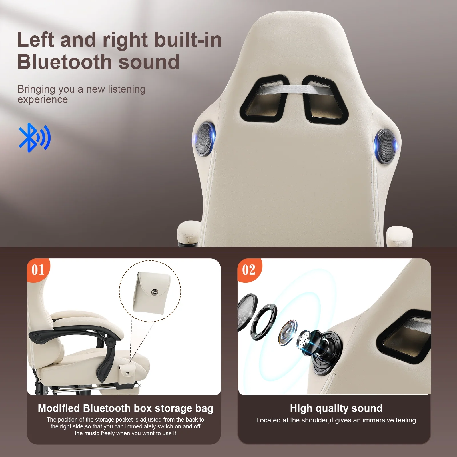 Gtplayer Pro Gaming Chair with Footrest, Dual Bluetooth 5.1 Speakers PVC Leather Recliner, Ivory