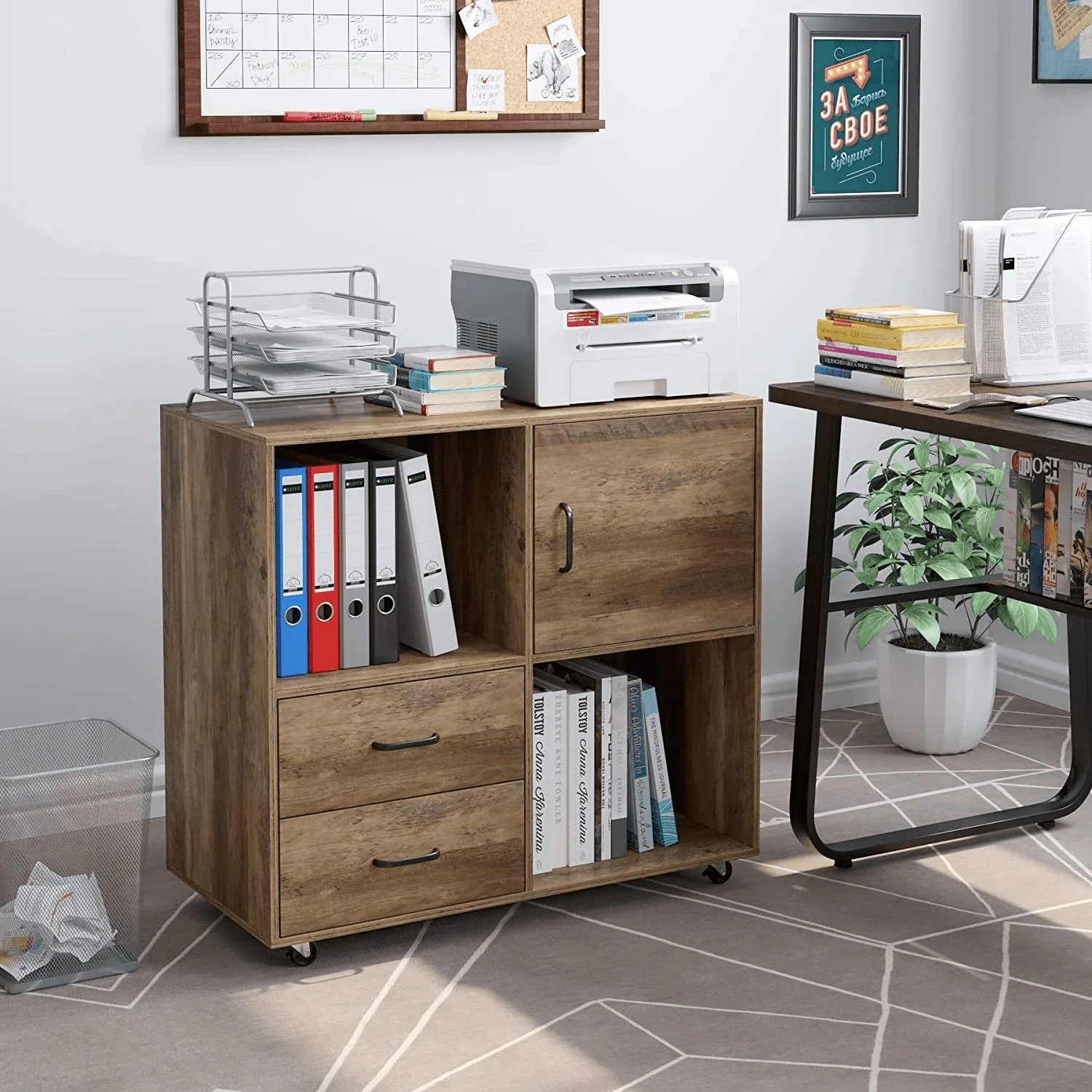 Homfa Lateral File Cabinet with 2 Drawers, Printer Stand with Storage Shelves, Large Mobile Filing Cabinet, Functional Wood Cabinet for Home Office with Wheels, Rustic Brown