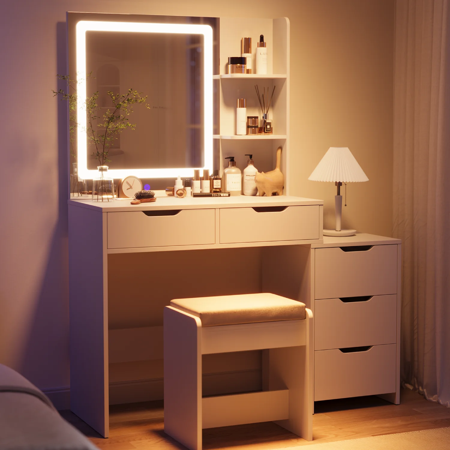 Vanity Desk, Lofka Makeup Vanity with Mirror and Lights, Large Vanity Table Set, White