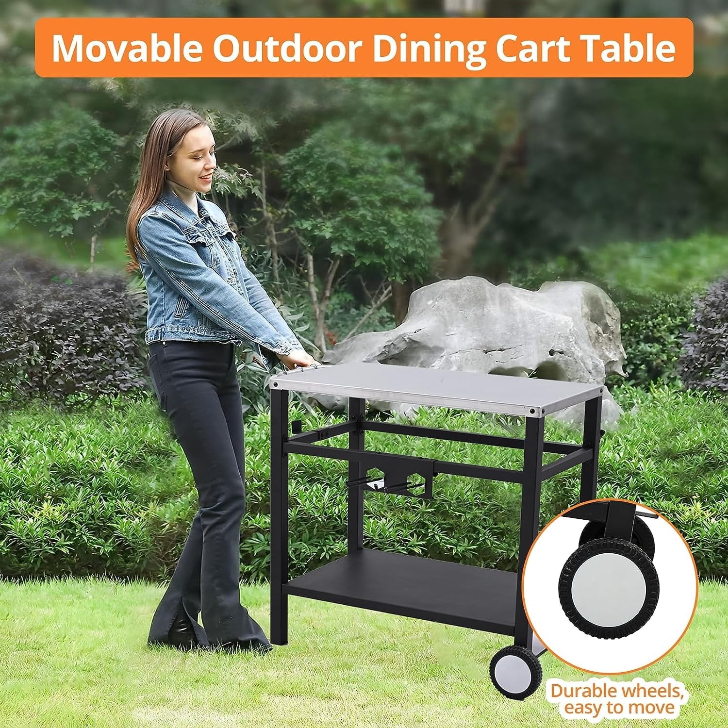 EastVita Outdoor Grill Cart Pizza Oven Stand, BBQ Prep Table Helpdesk with Wheels, Double-Shelf Grilling Cart Tabletop Griddle Cooking Station for Bar, Patio, Camping