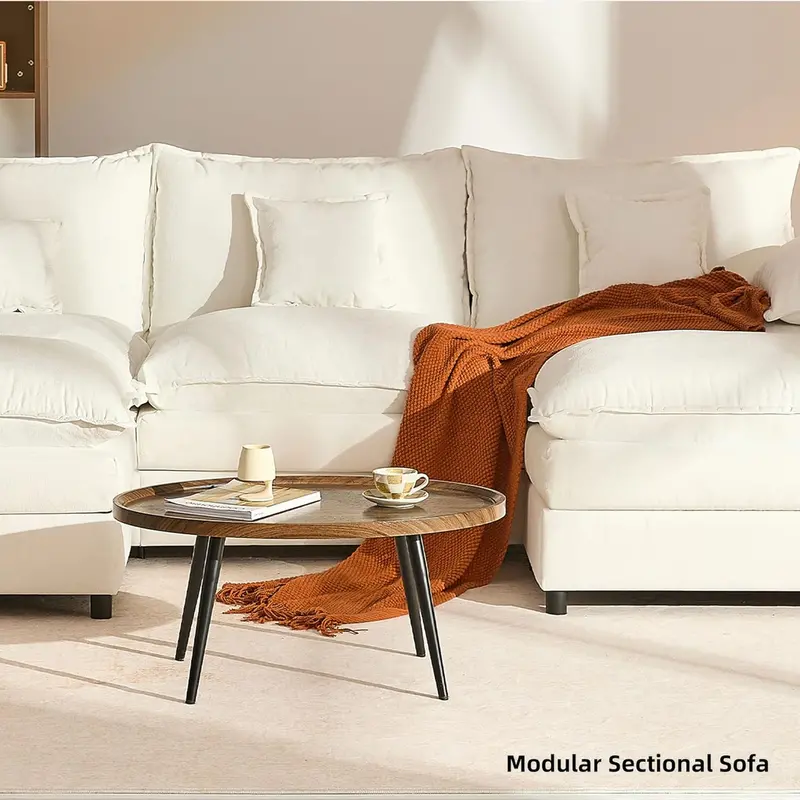 108-Inch U-Shaped Linen Sectional Sofa – 3-Seat Modular Cloud Couch with Movable Ottoman. Beige