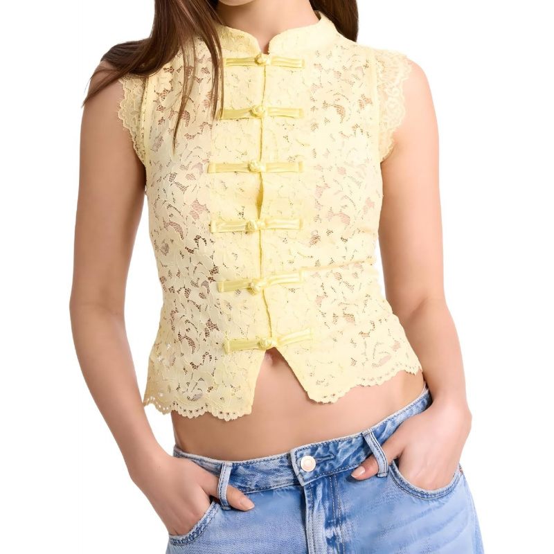 Sheer Lace Tank Top Mock Neck Frog Button Mandarin