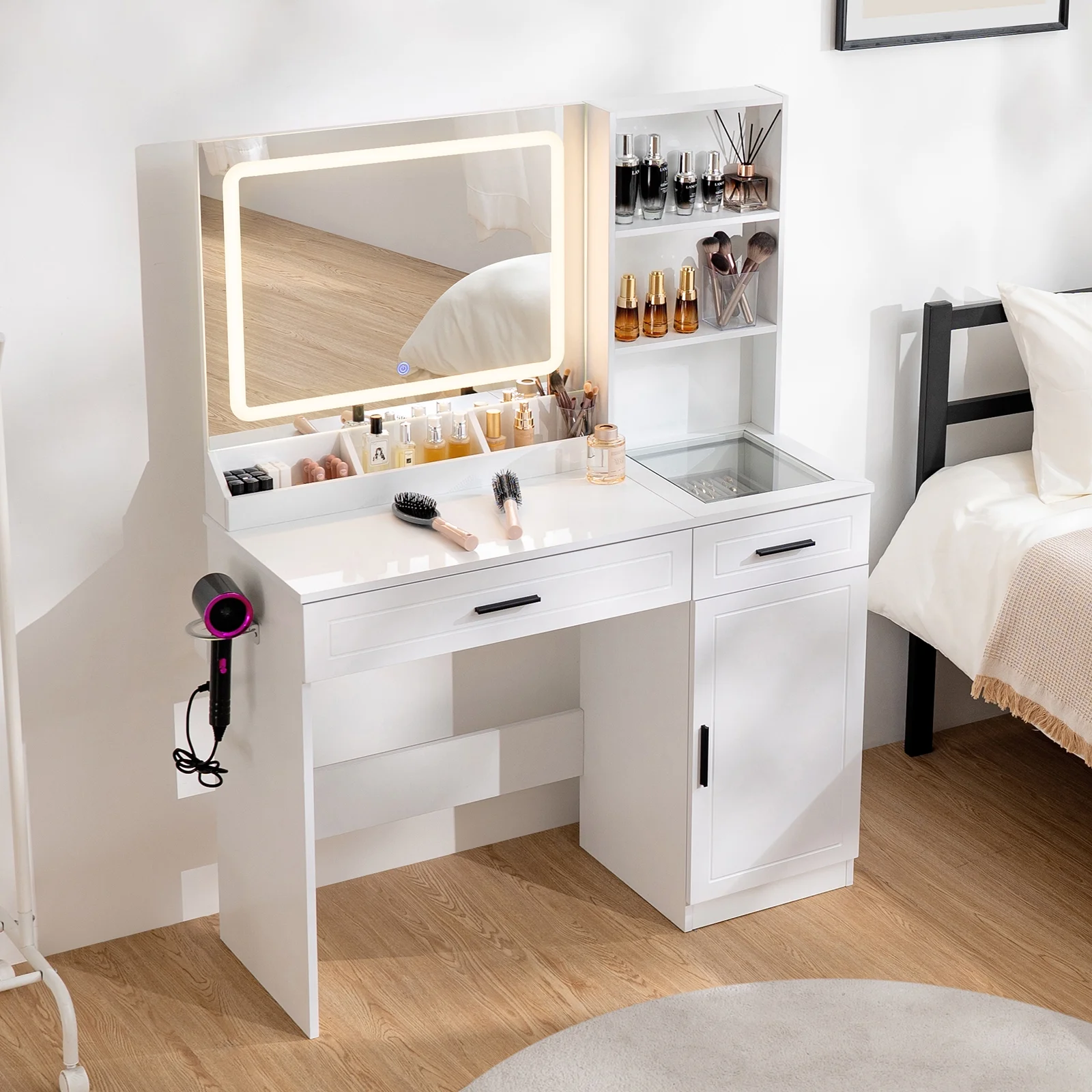 Hommpa Vanity Desk, Makeup Vanity with LED Lighted Mirror Vanity with Glass Top Drawers Vanity Table with Charging Station for Girls Bedroom Large Storage Cabinet Shelves, White