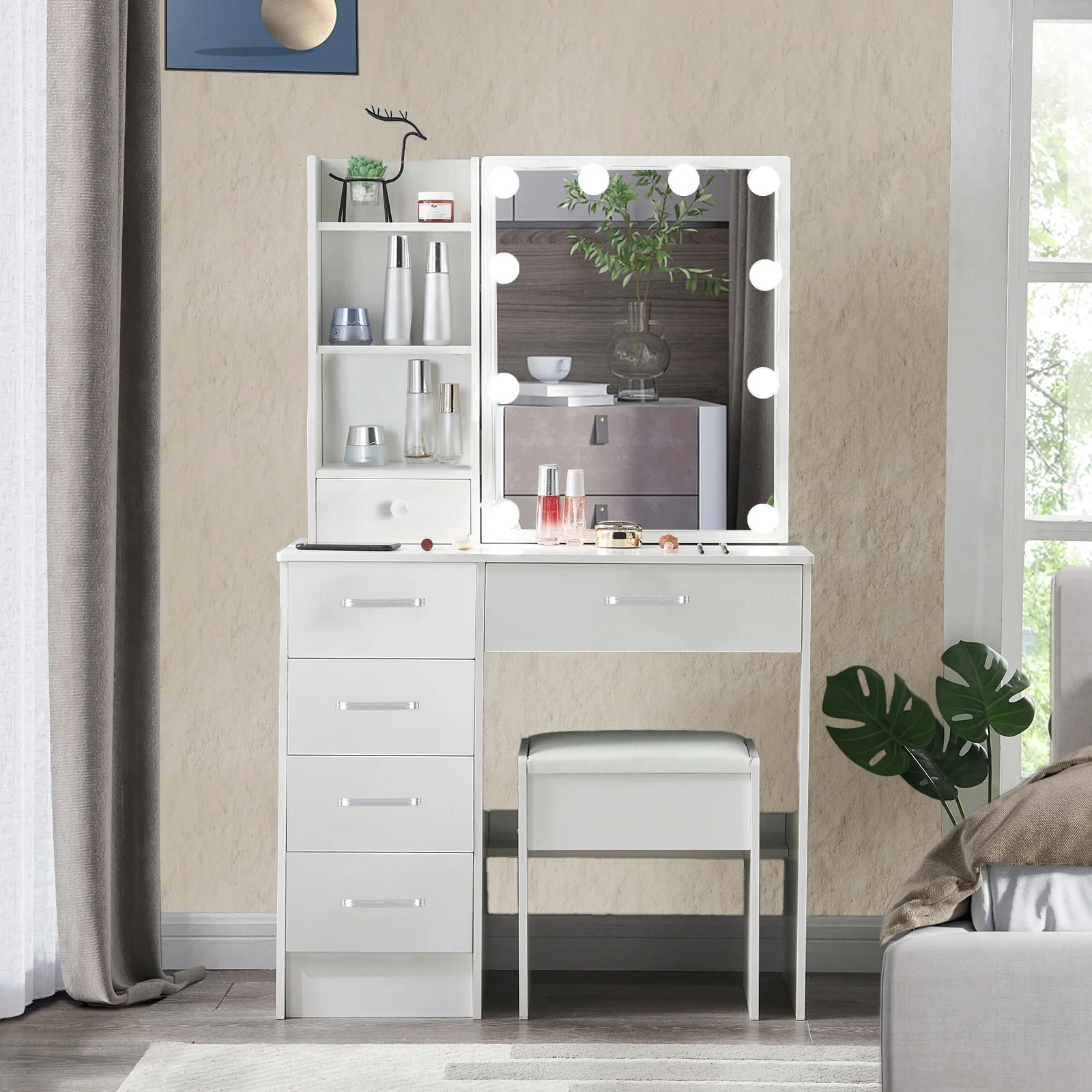 Yamissi Modern Vanity Table with Sliding Mirror and 10 LED Lights, Bedroom Makeup Desk Set with Stool, 6 Drawers & Shelves, White