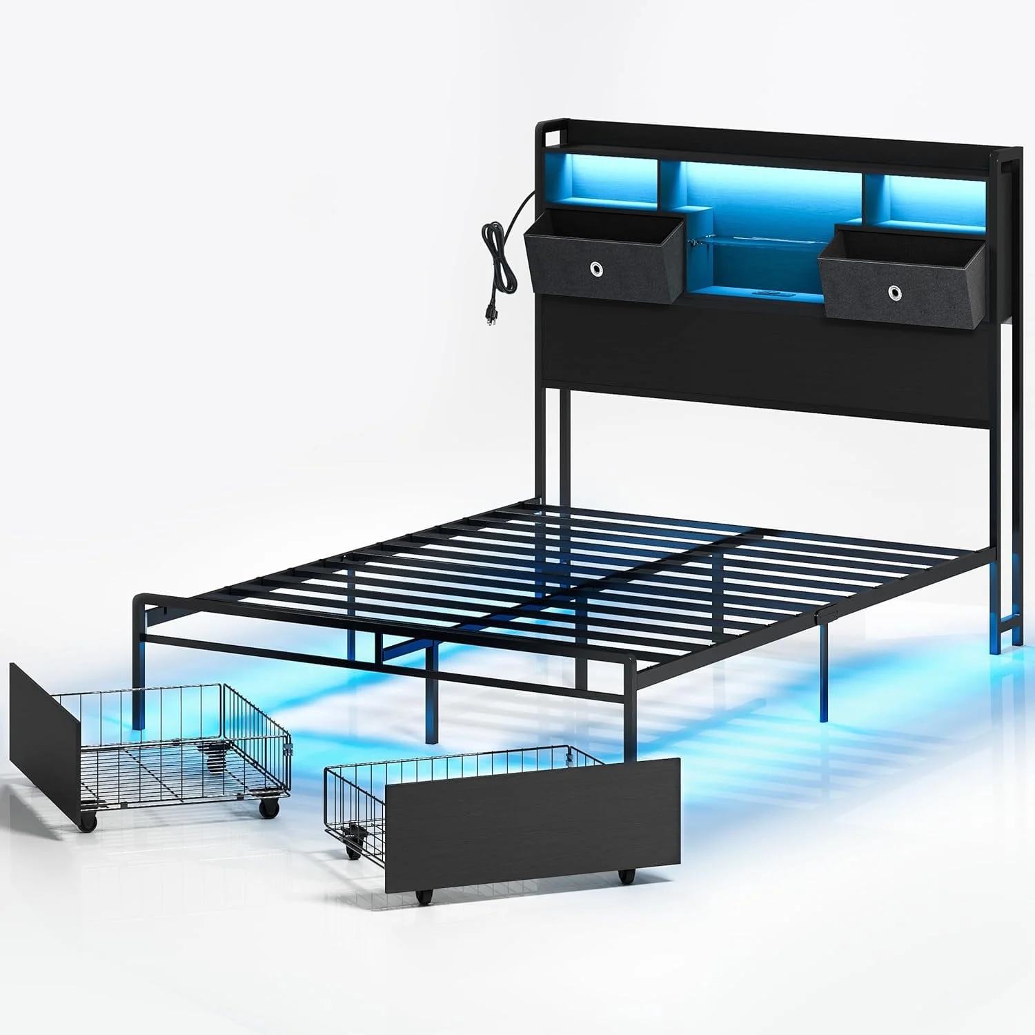 Pipleo Queen Size Bed Frame with Drawer, Bed Frame Queen Size with 3-Tier Storage Headbord, 2 Storage Baskets, LED, Charging Station, Heavy Duty Metal Slats, No Box Spring Needed