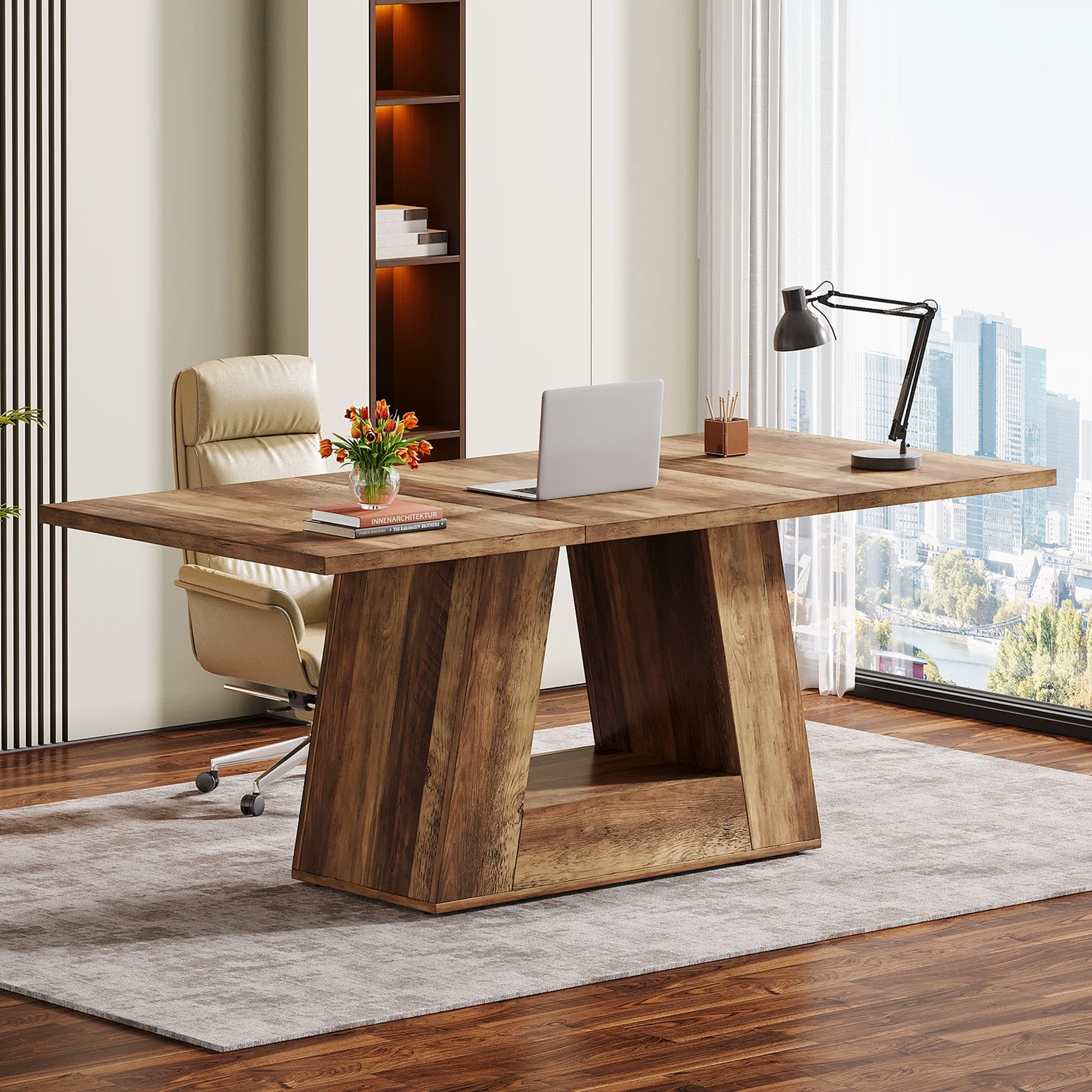 Tribesigns Modern Computer Desk, 63 inch Wooden Faux Marble Study Writing Table with Sturdy Base for Home Office, Black