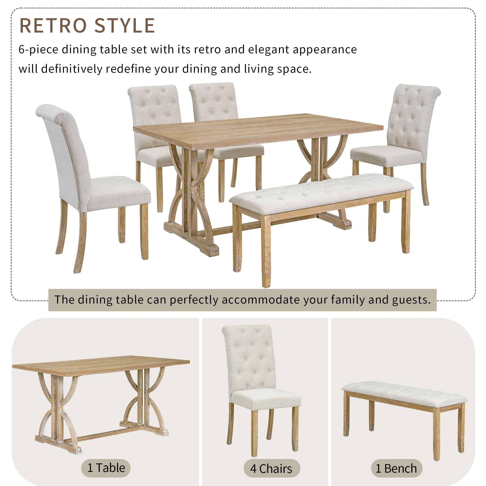 Besthome 6-Piece Retro Rectangular Dining Table Set, Table with Unique Legs and 4 Upholstered Chairs & 1 Bench for Dining Room and Kitchen (Natural Wood Wash)