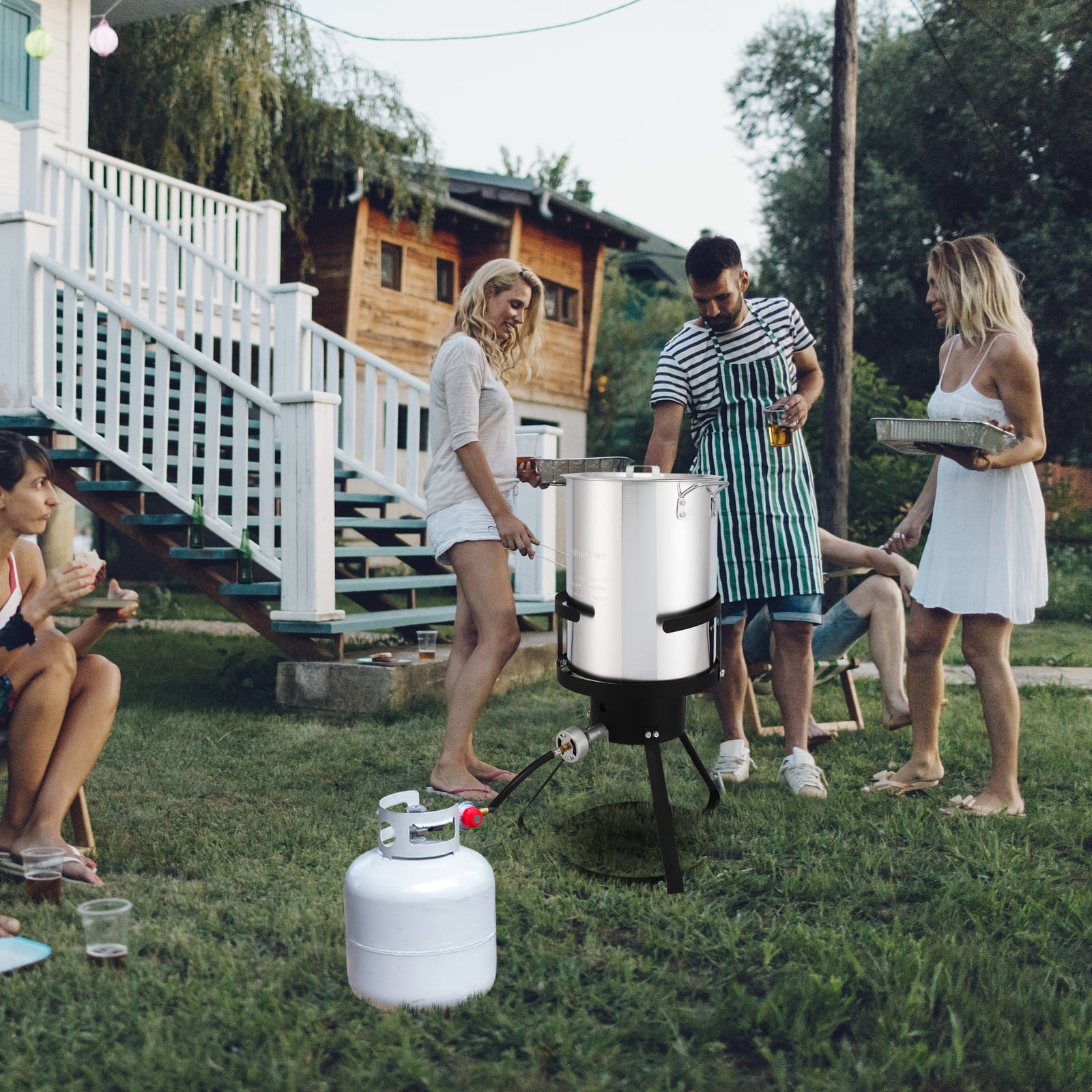 Black Round Iron Stove Frame, Silver Aluminum 30qt Turkey Pot 10qt Fish Pot, Gas Fryer - 13*32inch Four-Piece Set