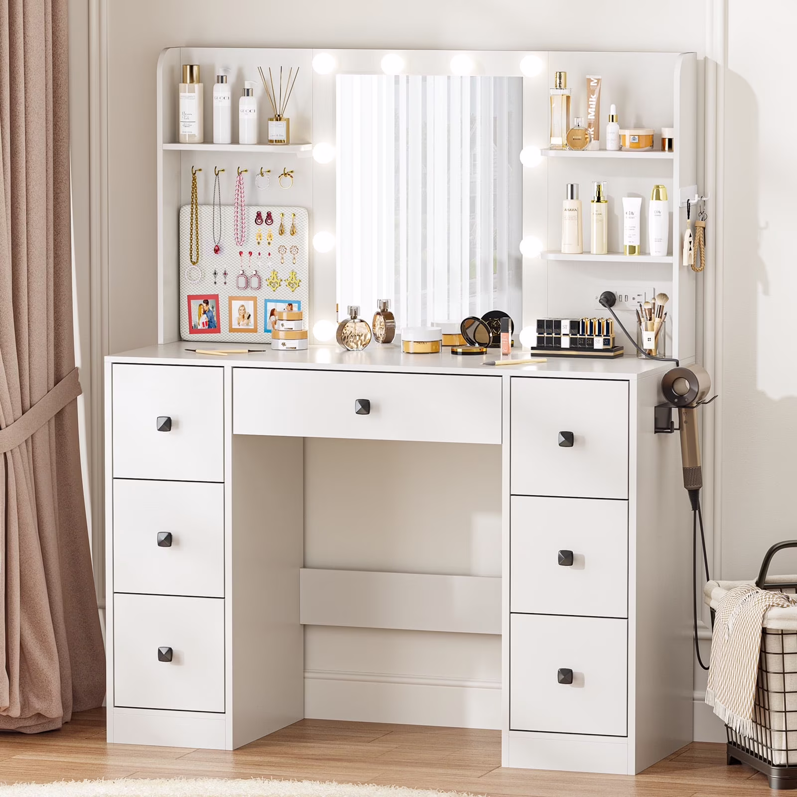Cottinch Vanity Desk 3 Color Lighted Mirror,Makeup Dressing Table with 4 Drawers and Storage Shelves,2 Outlets,2 USB Ports,White