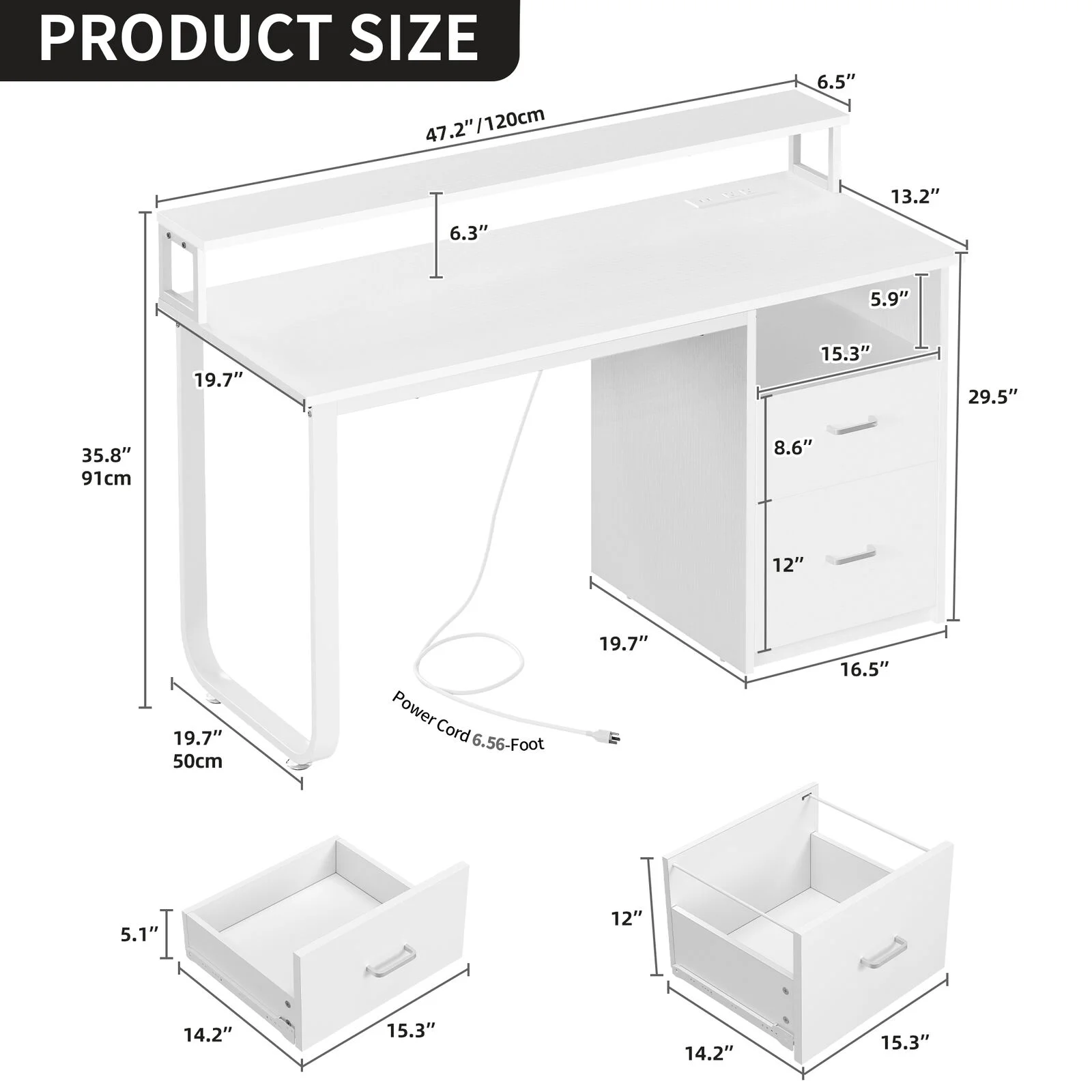 TDUKDB 47/55   Inch Home Office LED Computer Desk with File Drawer and Power Outlets. Ideal for Home Office  Study  Stable Design, Stylish  Simple-inch-Brown  White