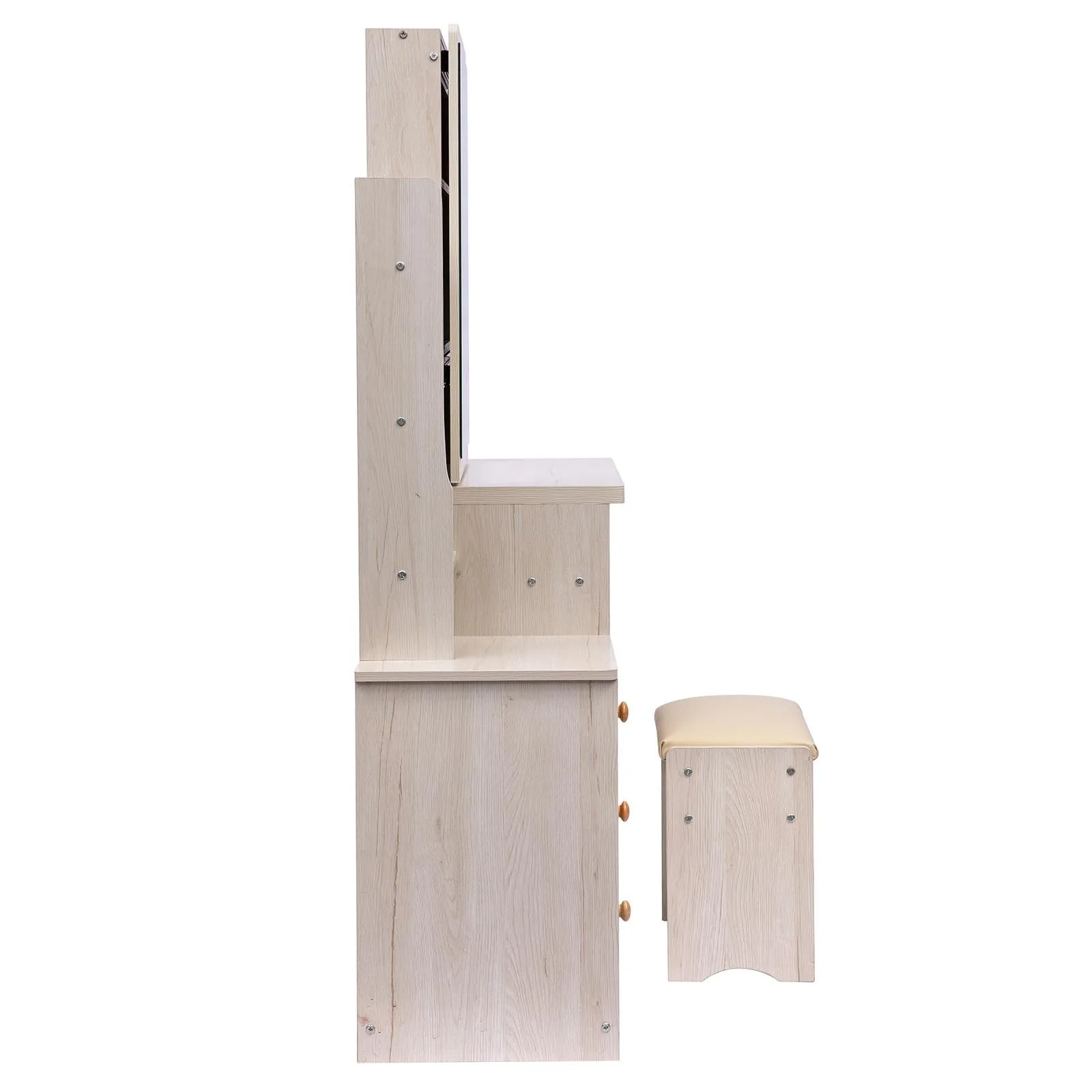 UBesGoo Vanity Set with Sliding Mirror, Makeup Vanity Dressing Table with 4 Drawers, Shelves, Dresser Desk and Cushioned Stool Set (White Oak Color)