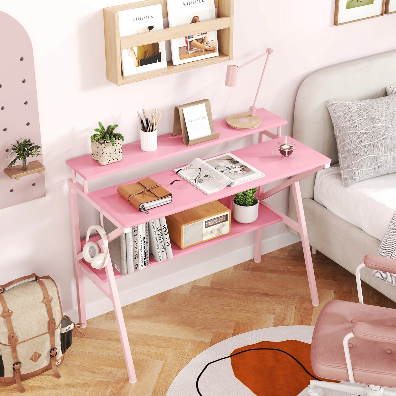 Costway Home Office Desk with Monitor Stand, Open Shelf & Metal Frame, Earphone Hook White