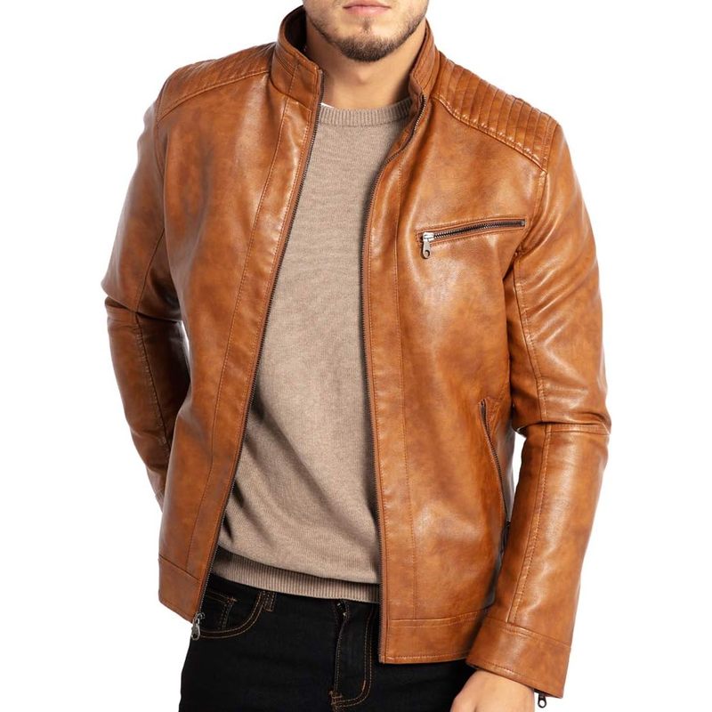 Men's Stand Collar Leather Jacket Motorcycle Lightweight Faux Leather Outerwear