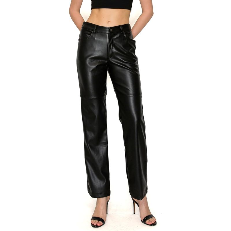 Women's Straight Leg Faux Leather Pants with Pockets