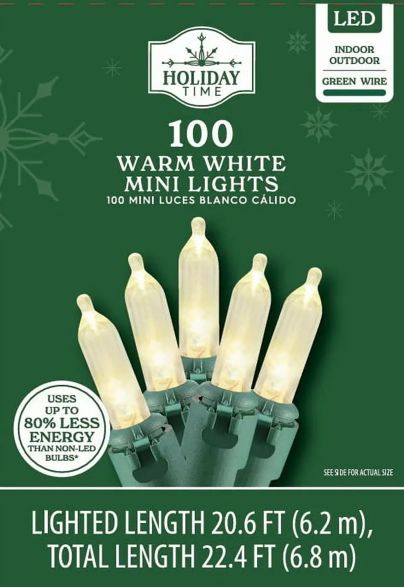 100-Count Warm White Mini LED Christmas Lights. 22.4 ft Green Wire. Indoor/Outdoor Decor