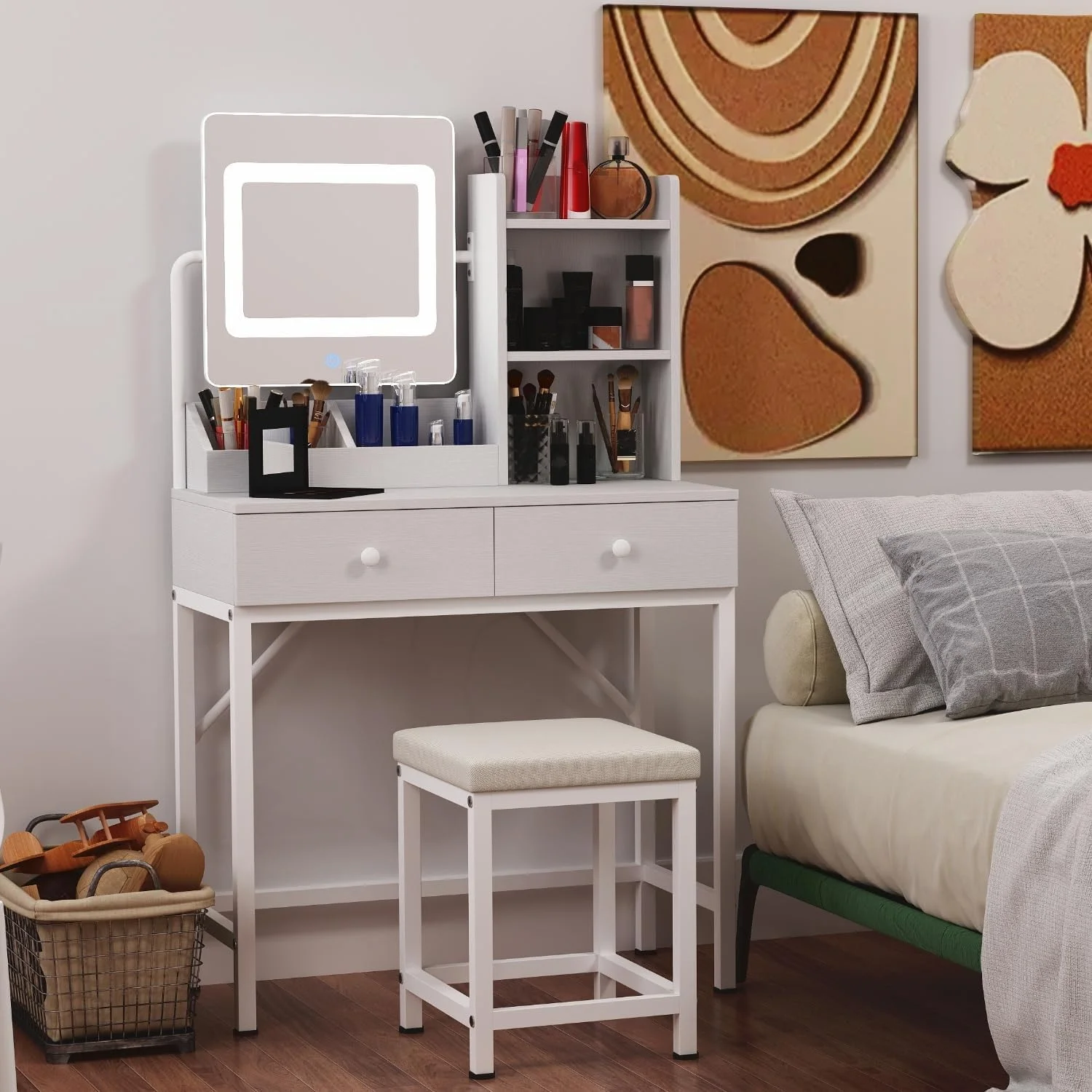 Makeup Vanity Desk with Mirror and Lights, 43.5�� Vanity Table with 5 Drawers & Storage Shelves, White