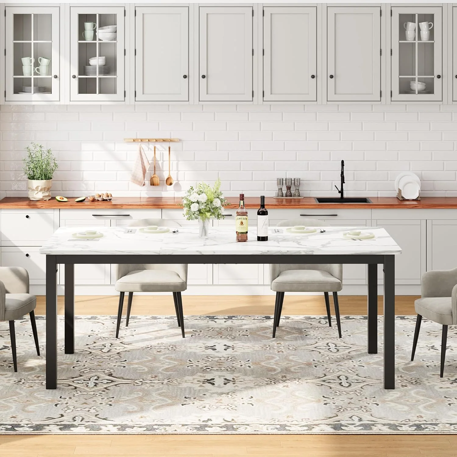 71 Inch Industrial Dining Table, Large Rectangle Kitchen Table with Metal Legs, Round Corners, Wooden Conference Tables Writing Desk for Dining Room, Living Room