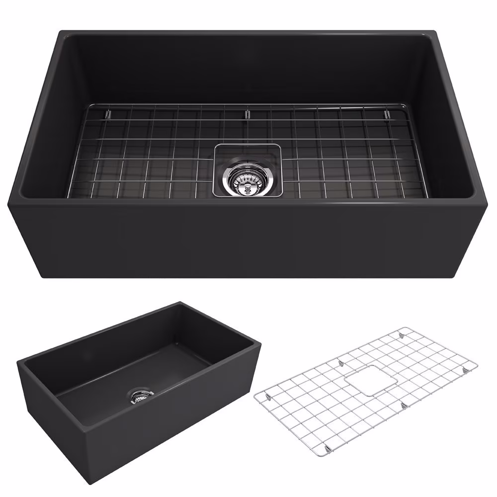 BOCCHI Contempo Apron Front Fireclay 33 in. Single Bowl Kitchen Sink with Protective Bottom Grid and Strainer in White