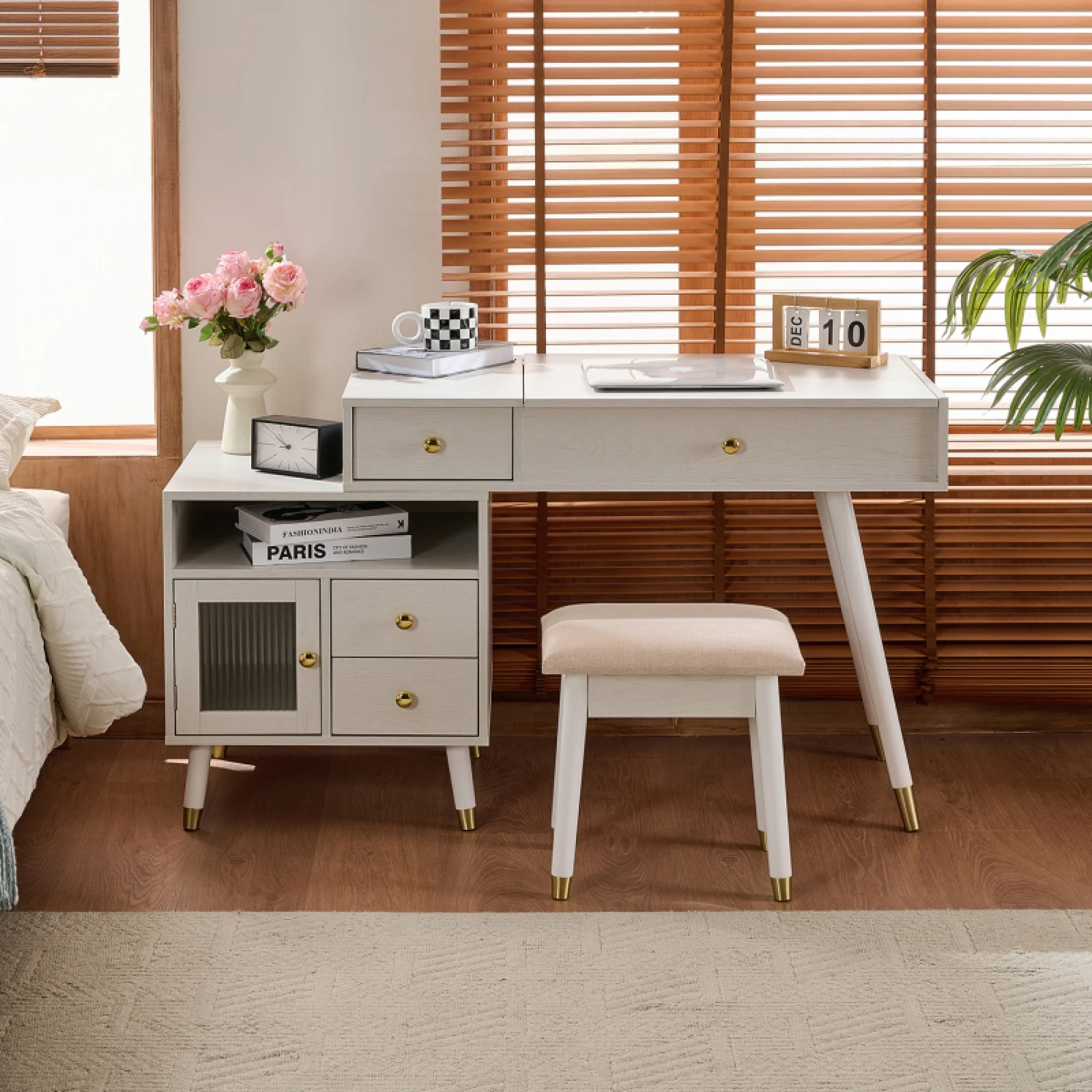 3-in-1 Vanity Desk with Lighted Flip-Top Mirror & Adjustable Cabinet, Makeup Dressing Table with Stool, Dresser with Drawers for Bedroom, White