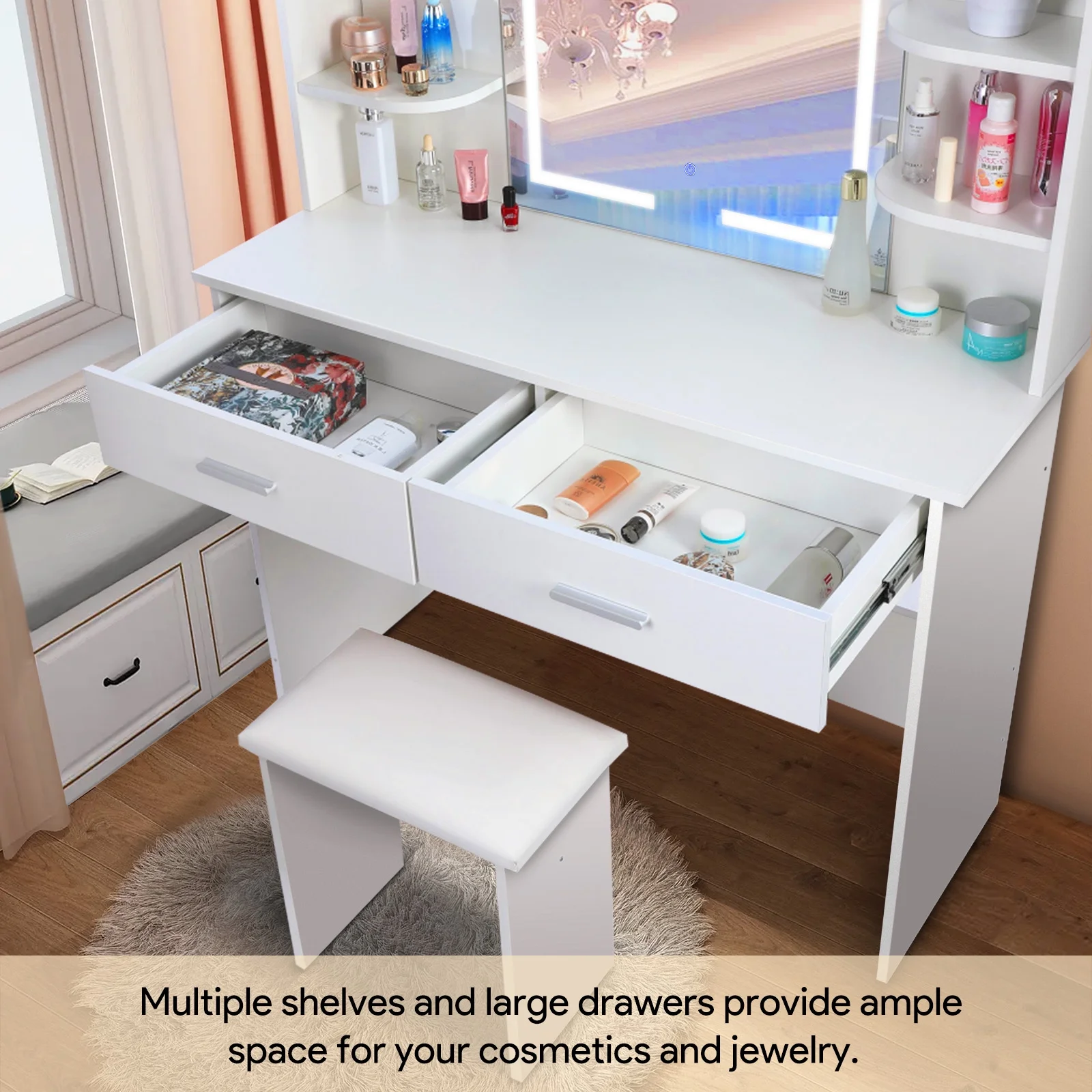 RichYa Modern Makeup Vanity Set with Lights Mirror and Drawers,White Makeup Desk,Dressing Table