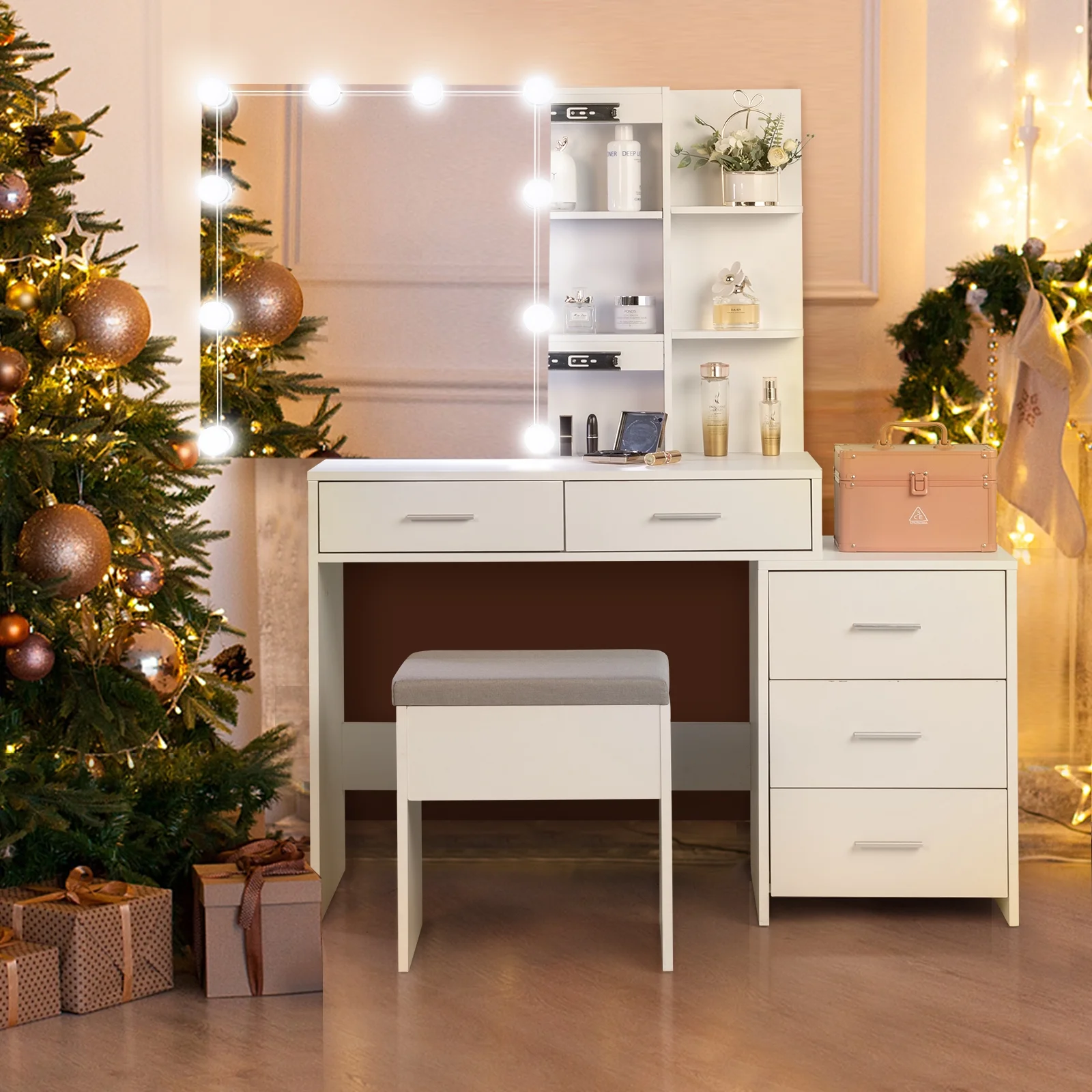 Ktaxon Flutted Makeup Vanity Table Set with 5 Drawer, Dressing Table w/Charging Station, Vanity Desk for Femal Gift, White