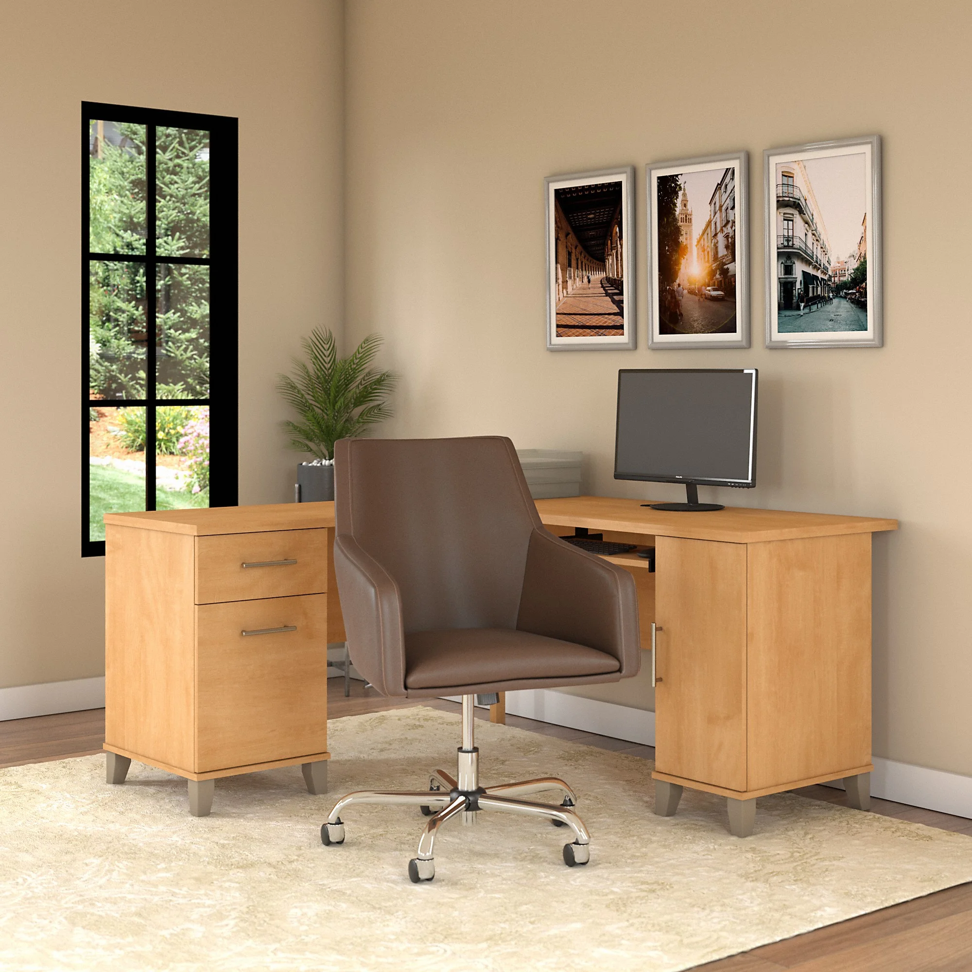 Bush Furniture Somerset 60 in L Desk and Chair Set with CPU Storage, Box Drawer and File Drawer in Ash Gray