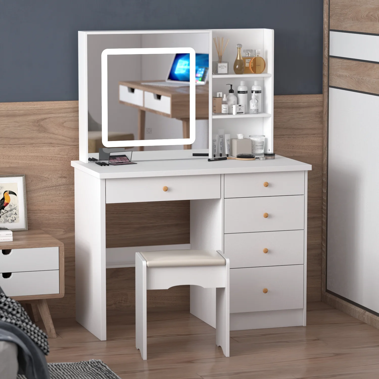 MONSLIPA Makeup Vanity Desk Set w/ Light, Sturdy Dressing Vanity Table with Bench, Shelves & Drawers