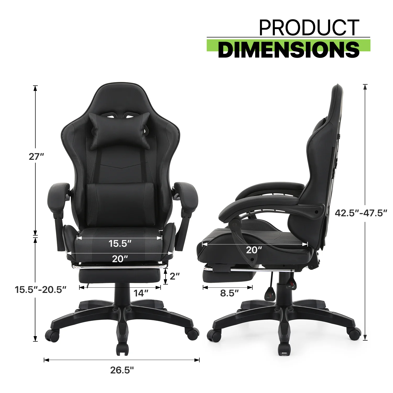 Magshion Adjustable Gaming Chair, Ergonomic PC Computer Seat with Headrest and Lumbar Support for Adults Teens Desk Chair, Black