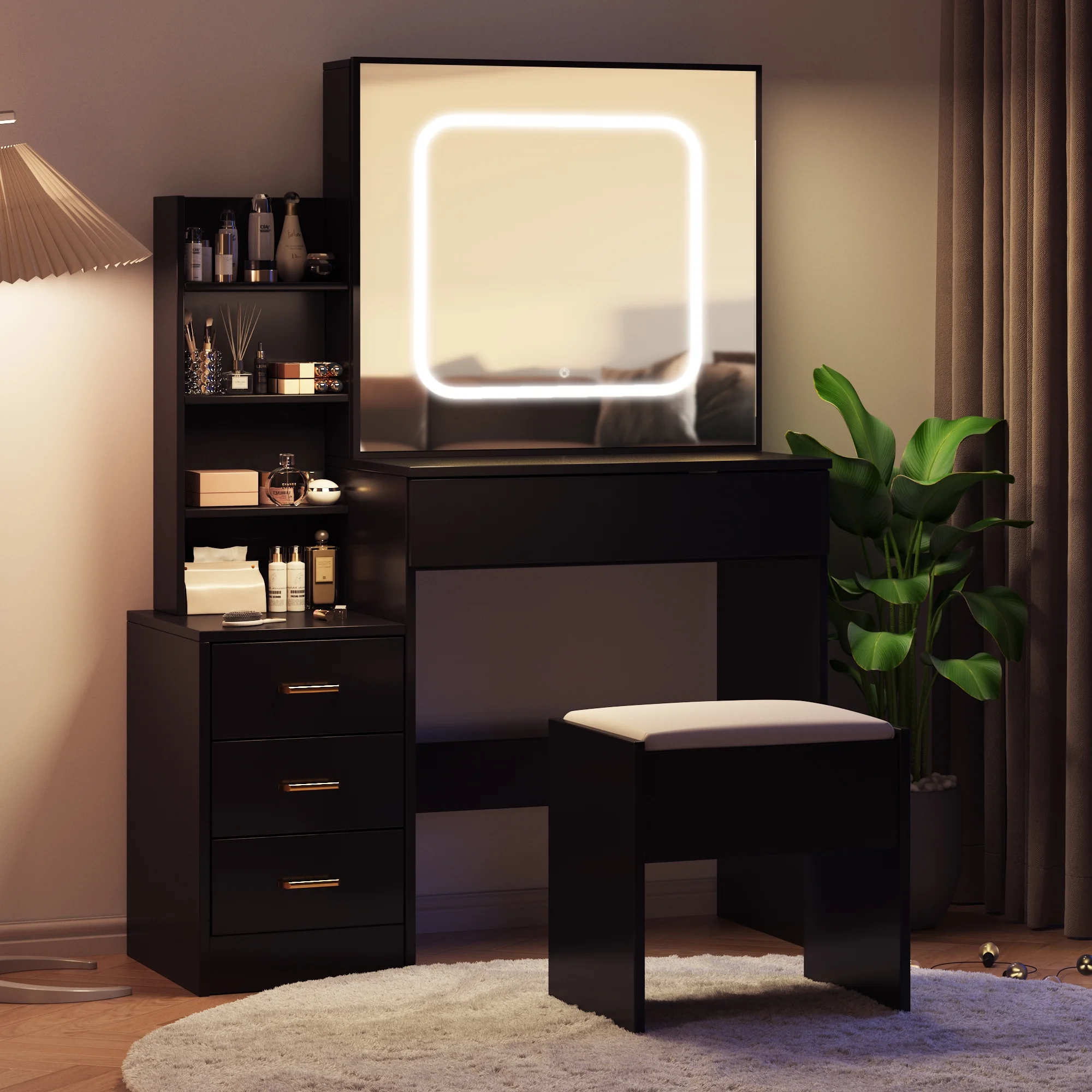 Vanity Desk with Sliding Mirror and Lights, Makeup Vanity Set with 4 Drawers, Stool, Power Outlet, Open Shelves, 3 Color Adjustable Lighting Modes, Makeup Dressing Table for Bedroom, White