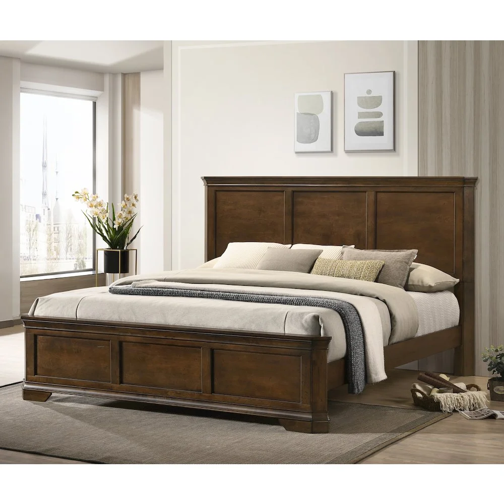 Maderne 3-Piece Bedroom Set with King Size Panel Bed and Two Nightstands, Antique Walnut Finish