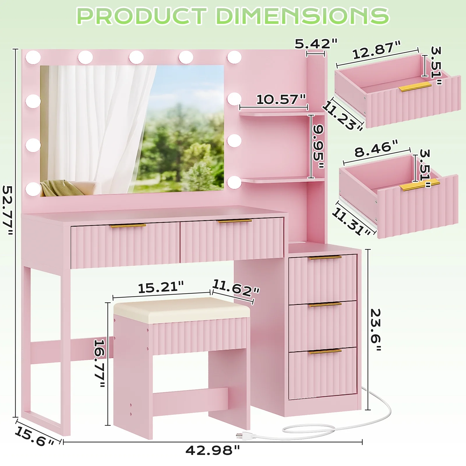 Ktaxon Flutted Makeup Vanity Table Set with 5 Drawer, Dressing Table w/Charging Station, Vanity Desk for Femal Gift, White