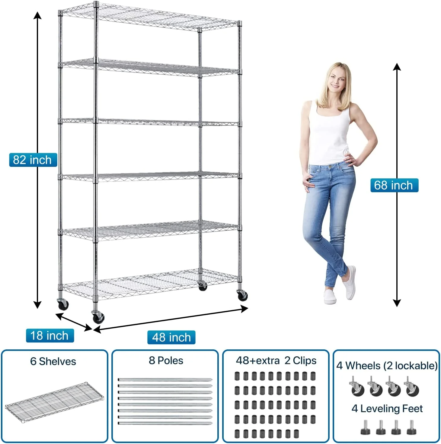 6 Tier Wire Shelving Unit Metal Storage Shelves w/Wheels, 350 Capacity Per Shelf, Heavy Duty Steel Garage Shelf, 48