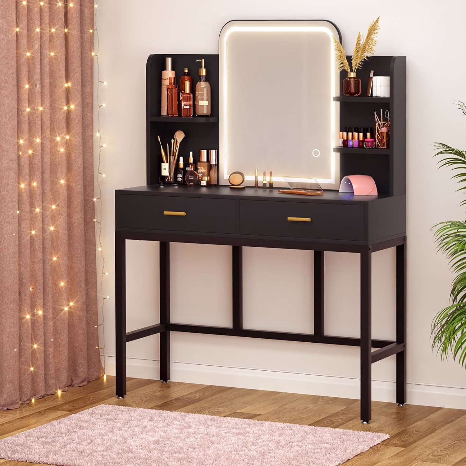 iSunirm Vanity Desk with Mirror and Lights, Makeup Vanity with 2 Drawers, Vanity Table Set with 3 Color Adjustable Lighting Options, Modern Dressing Table with Shelf, for Bedroom, Pink