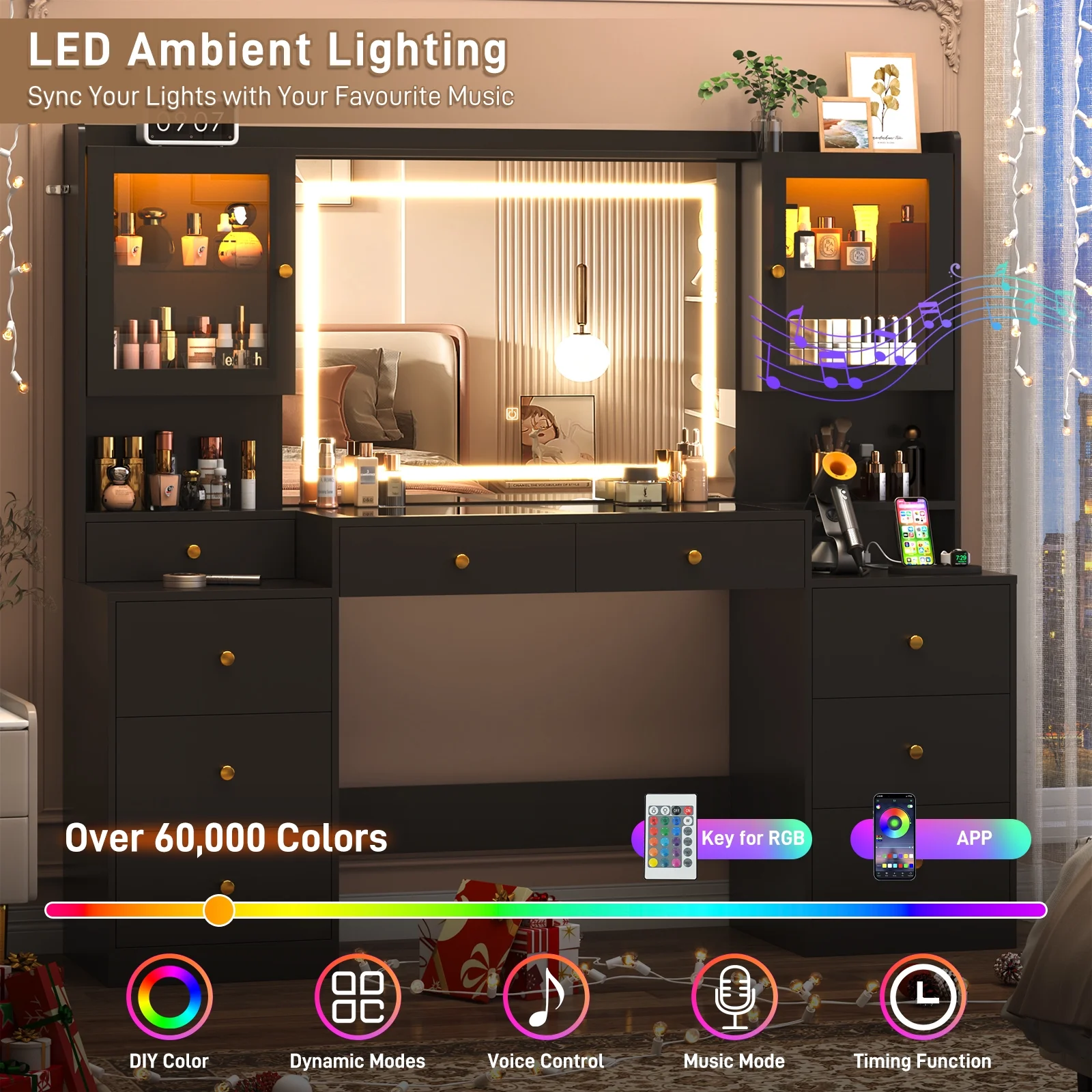 Blotout 62'' Large Vanity Desk w/60000-color LED Lights, Tempered Glass Top, Power Outlet, Makeup Vanity Table w/ 3 Lights Mode Mirror, 9 Drawers, 2 RGB Cabinets, LED Dressing Table for Girls, Women