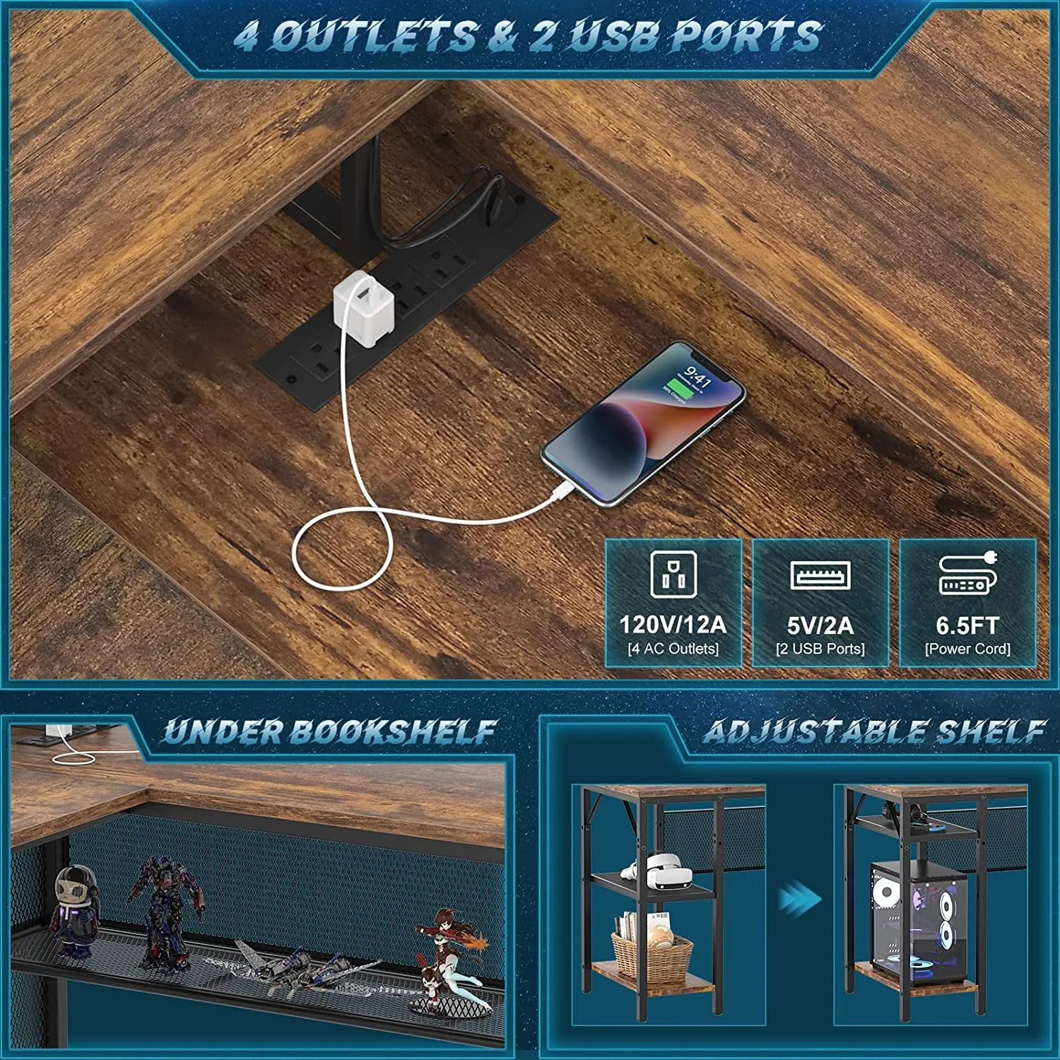 Homieasy L Shaped Desk with Power Outlets and LED Light, 55 inch Reversible L-Shaped Gaming Desk with Monitor Stand, Ergonomic Corner Computer Desk with Storage Shelf for Home Office, Rustic Brown