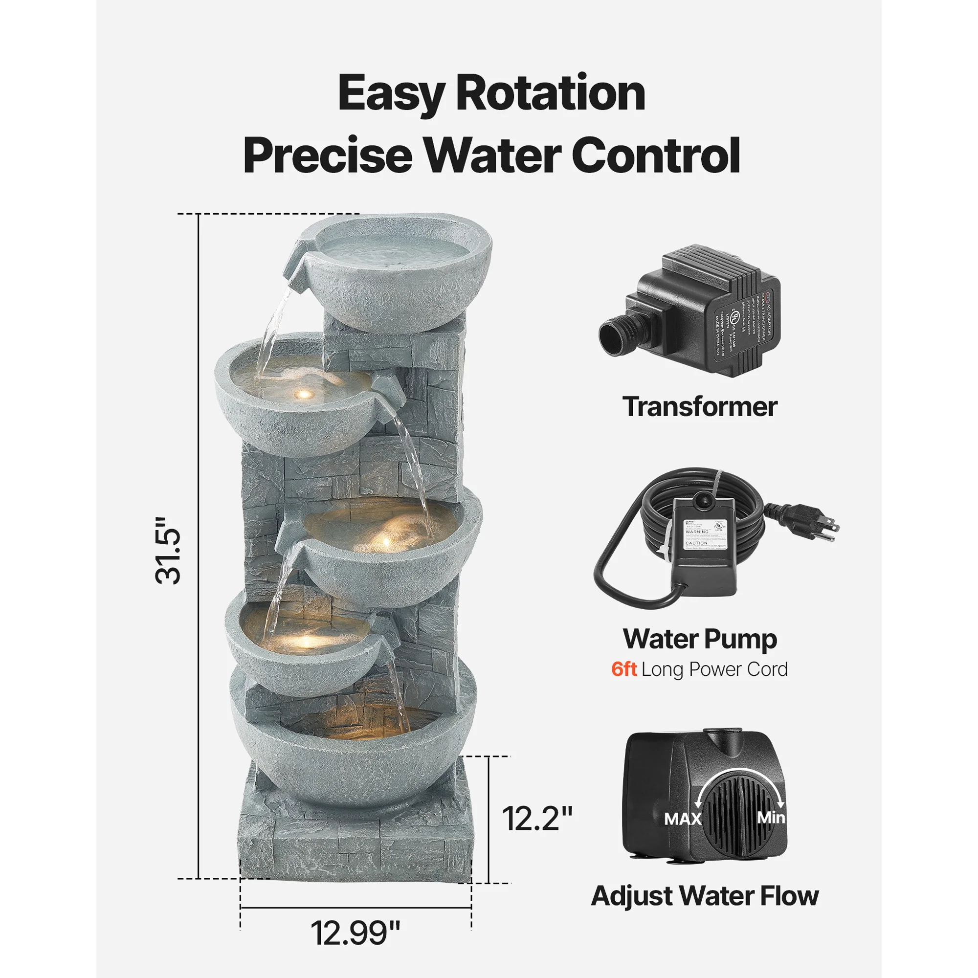 KFFKFF 31.5-Inch Outdoor Water Fountain with LED Light, 5-Tier Cascading Bowl Design, Floor-Standing Waterfall Feature for Garden, Patio, Home, and Backyard Use