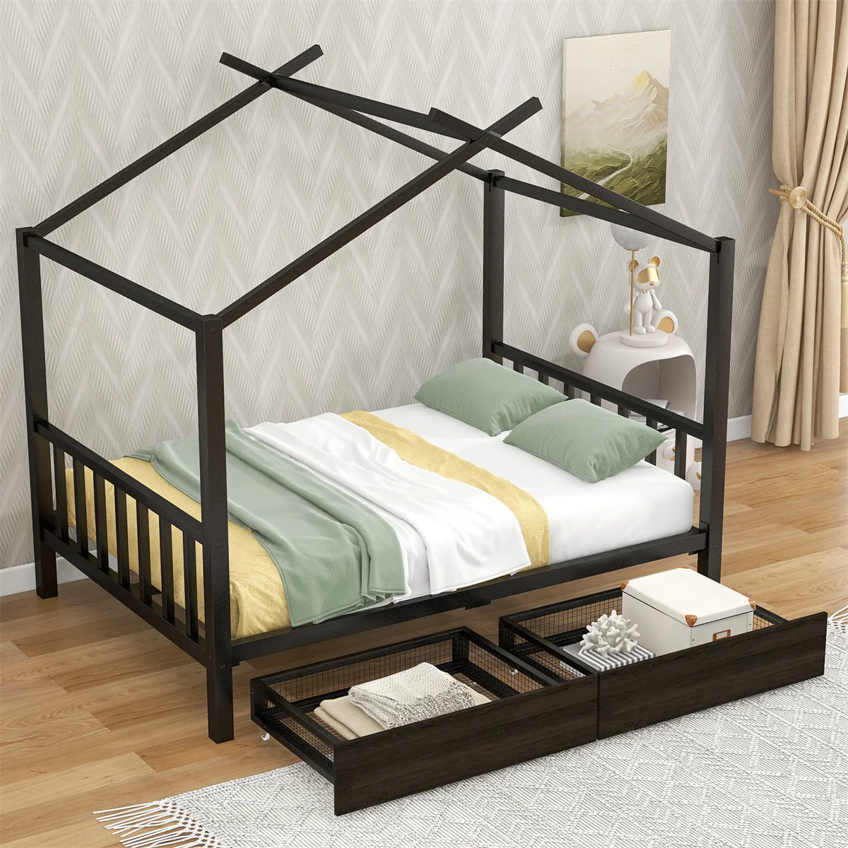 Metal Full House Bed with 2 Drawers,Full Size Platform Bed Frame with Roof,Headboard & Footboard,Canopy Bed Tent Bed Frame with Slats Support for Kids Teens Boys Girls,No Box Spring Needed,Black