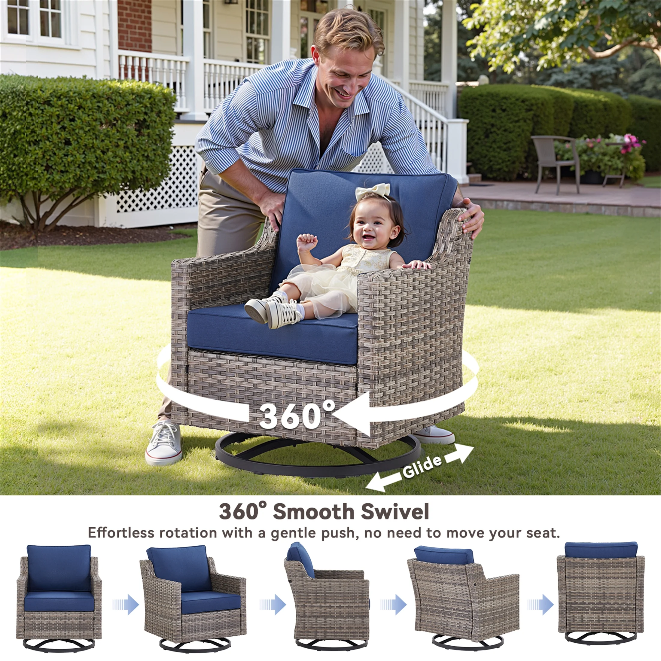 Yeahumalia 5-Piece All-Weather Wicker Patio Set with Swivel Rocking Chairs PE Rattan Conversation Set for Deck, Porch & Garden, Grey/Blue