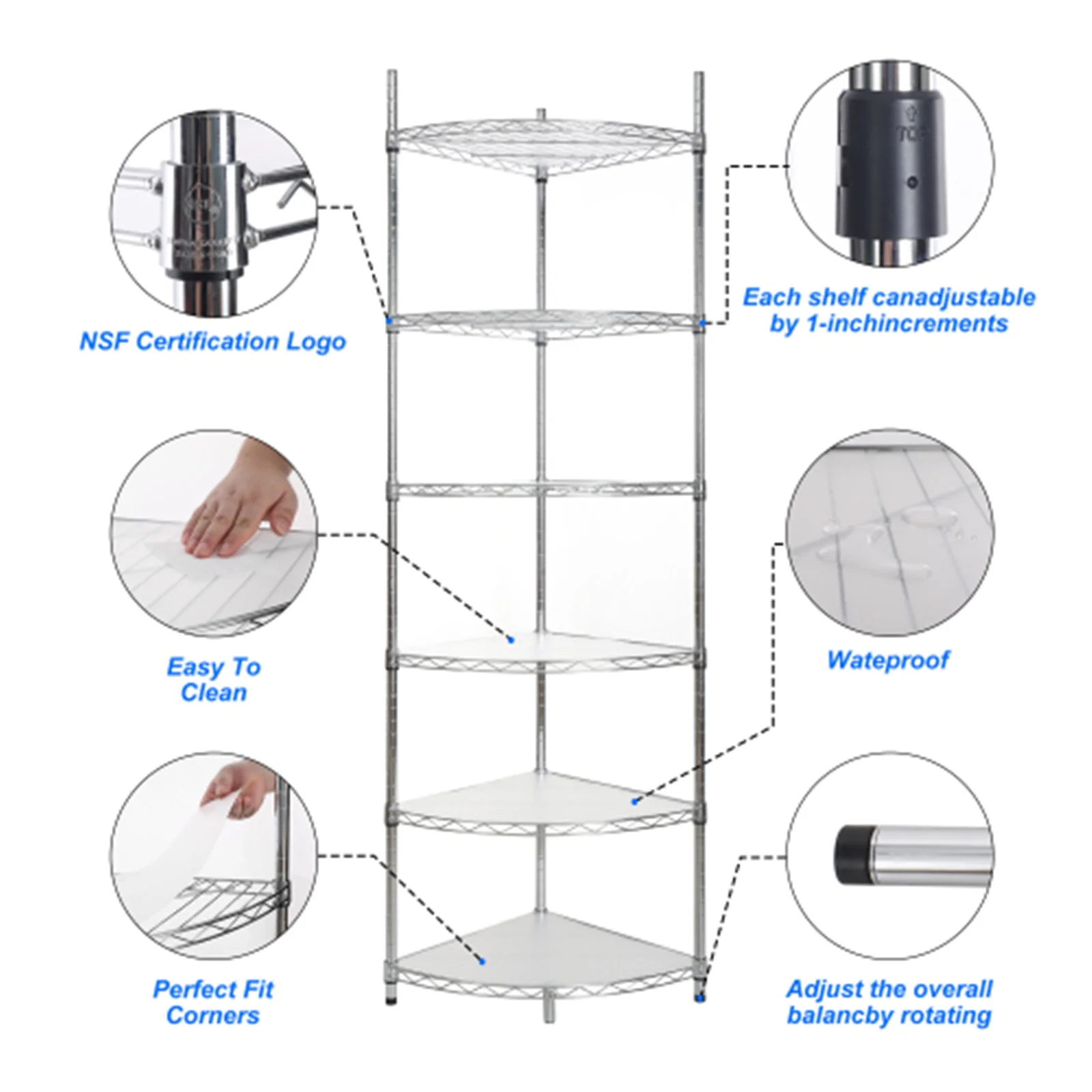 6 Tier Corner Storage Shelves, Wire Shelving Unit, Adjustable Metal Heavy Duty Free Standing Corner Storage Display Chrome Rack for Laundry Bathroom Kitchen Pantry Closet, Chrome