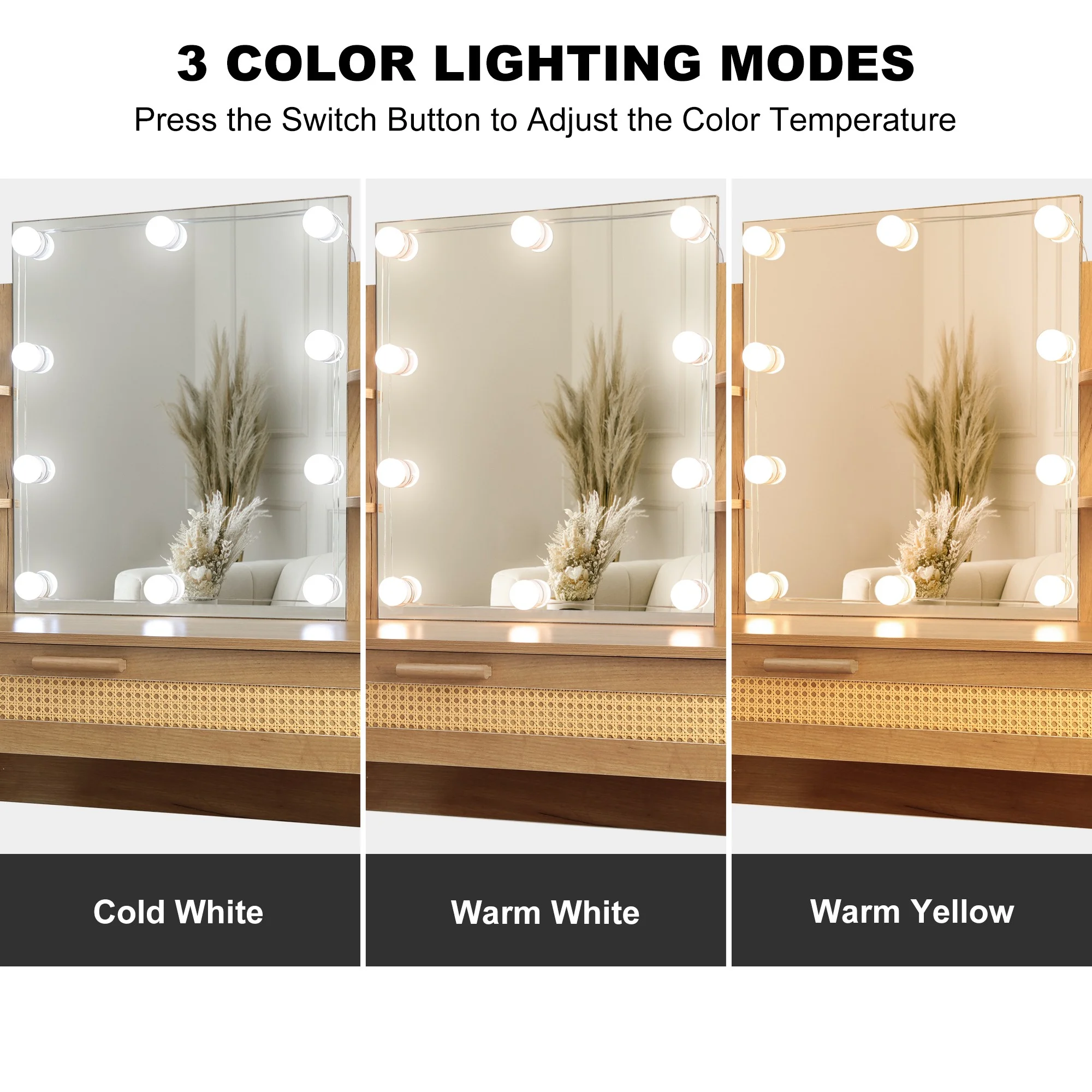Resenkos Vanity Desk Set with Mirror and Lights for Makeup, 5 Drawers Storage Dresser for Bedroom, White